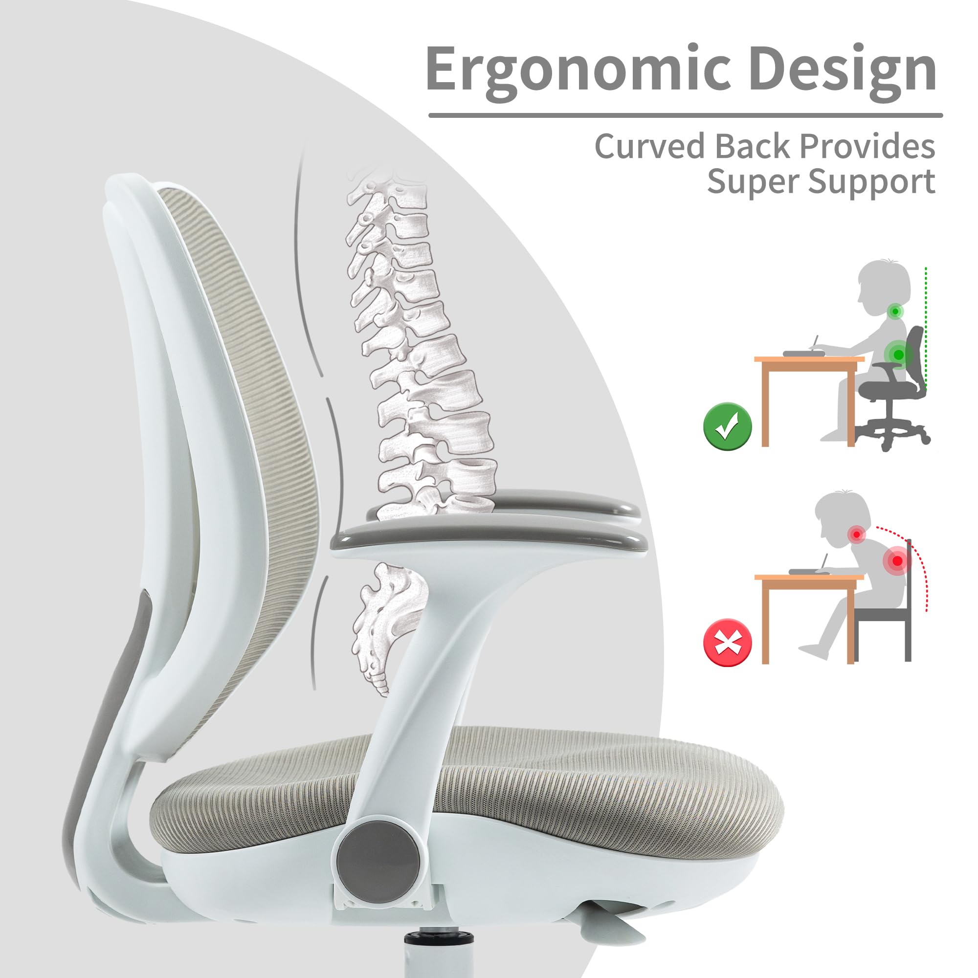 HOMEFUN Kids Desk Chair, Computer Chairs with Armrest and Footrest for Boys Girls Cute Mesh Ergonomic with Adjustable Height Swivel Safe Sit-Locking Casters Gray