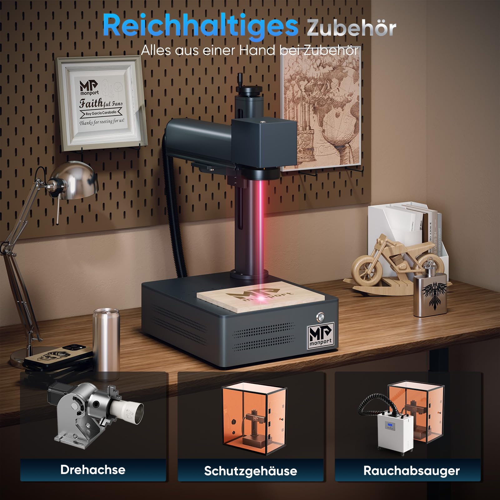 Monport 30W Faserlaser Graviermaschine mit LightBurn, 10.000 mm/s Schnellgravur, 2,5D-Metallgravur mit 0,01 mm Präzision, Kompatibel mit BSLcad, Desktop-Lasergravierer für Schmuck Glastassen/-Becher