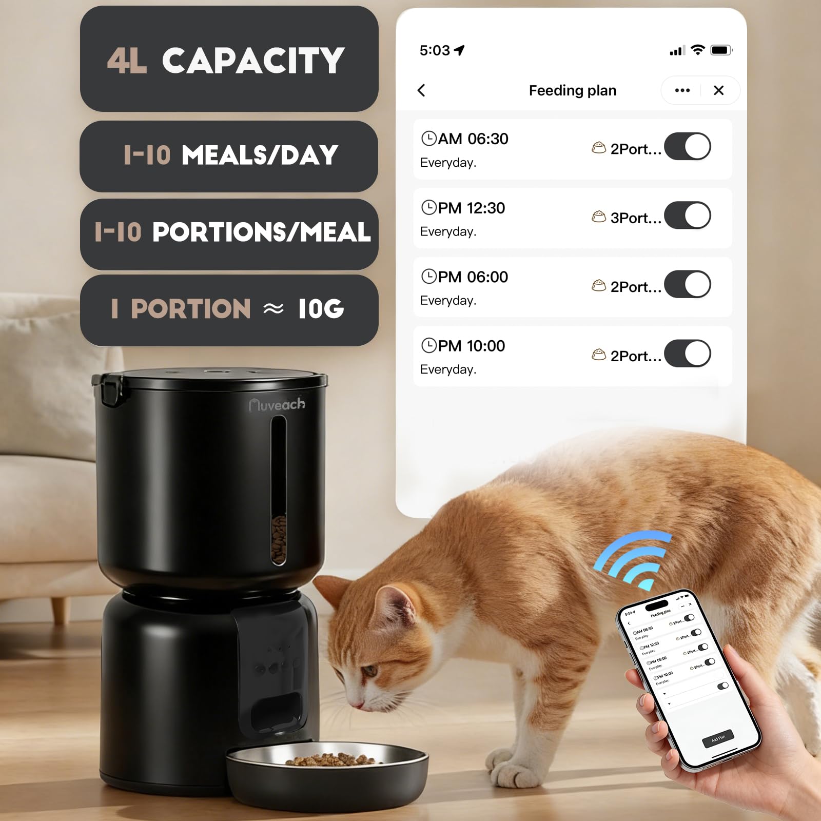 Comedero Gato Automatico y Fuente para Gatos Set - 4L WiFi 2.4G Dispensador de Comida para Gatos Perros con Temporizador Programable, 1-10 Comidas al Día, Cuenco de Acero Inoxidable (Negro)
