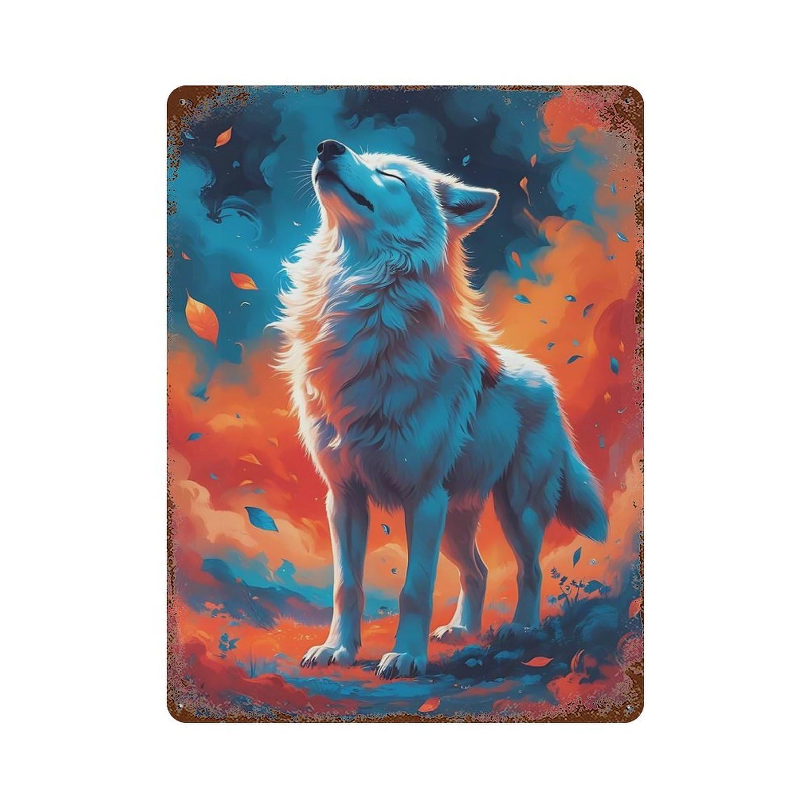 Garage Style Wolf in Autumnal Hues Vintage Rust Metal Sign 15.7"x11.8", Shabby Chic Decor for Bar And Workshop