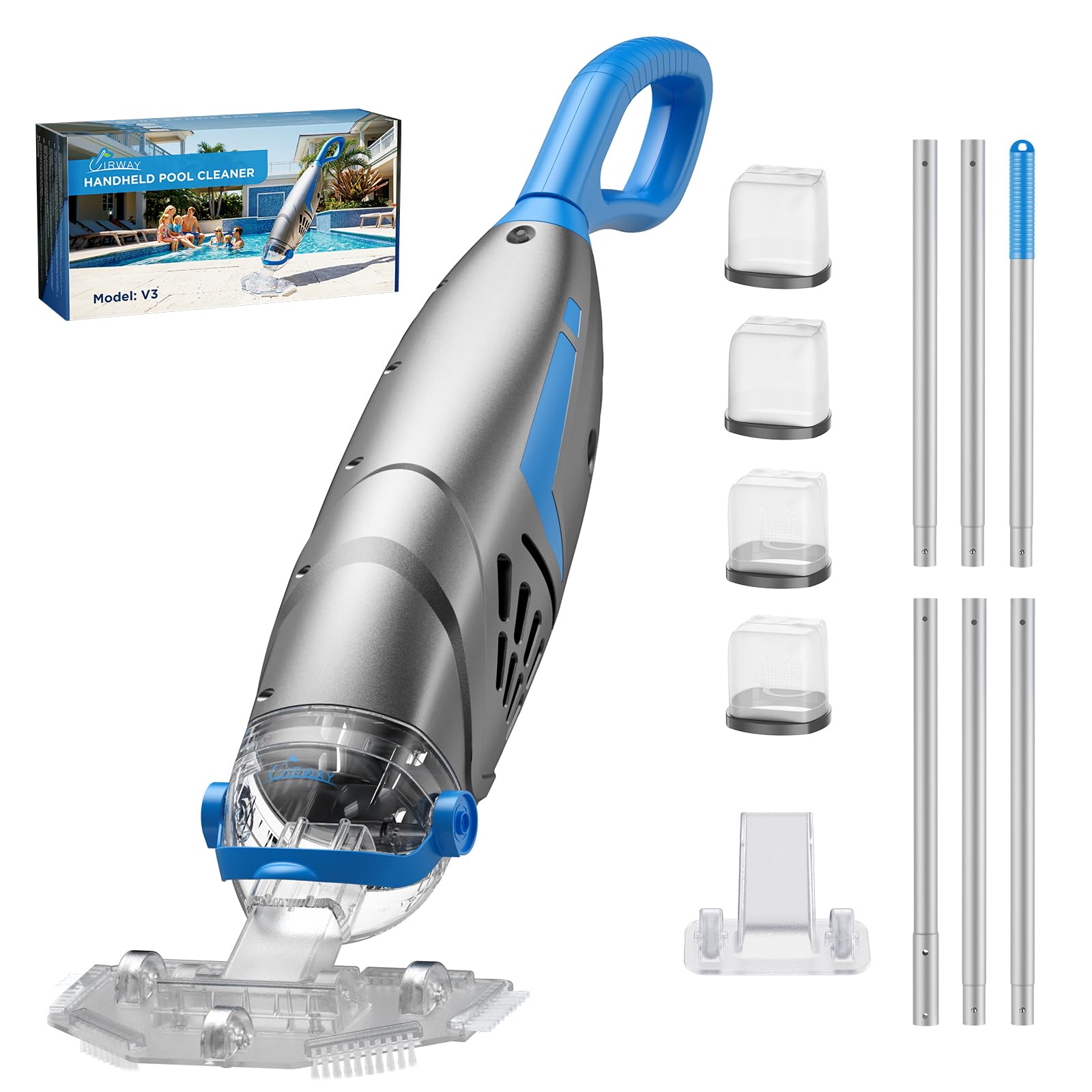 Aspirador de Piscina para Piscinas elevadas y enterradas (2026), 26,5 GPM Alta Potencia succión para Piedras, V3 IPX8 limpiafondos Piscina bateria, 2 Cabezales y 4 Bolsas de Filtro, 1 h de autonomía