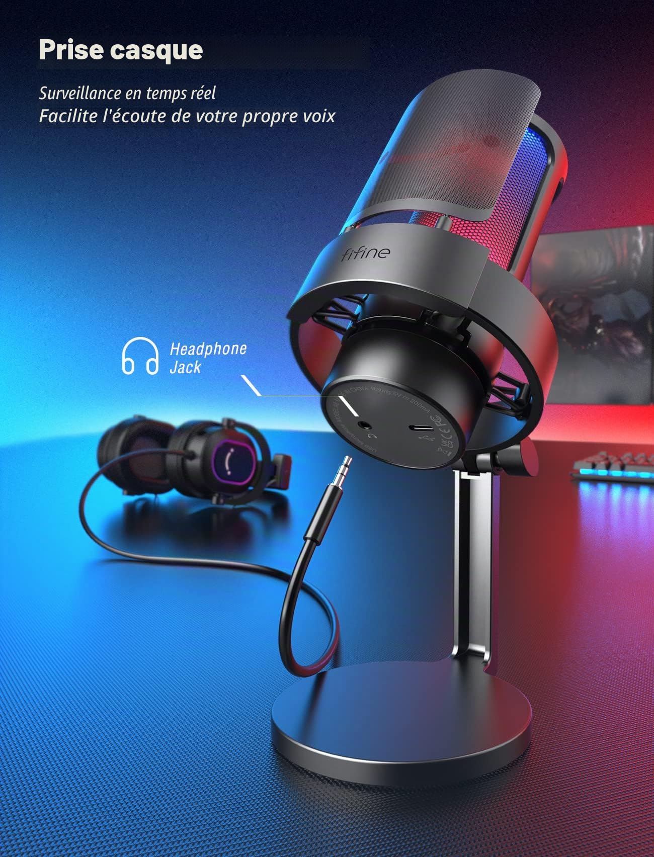 FIFINE USB PC Microphone Gaming pour Streaming, Podcasts, RGB Condensateur Microphone pour Mac PS4 PS5, avec Contrôle RGB, Touche Muette, Prise Casque, Filtre Anti-Pop