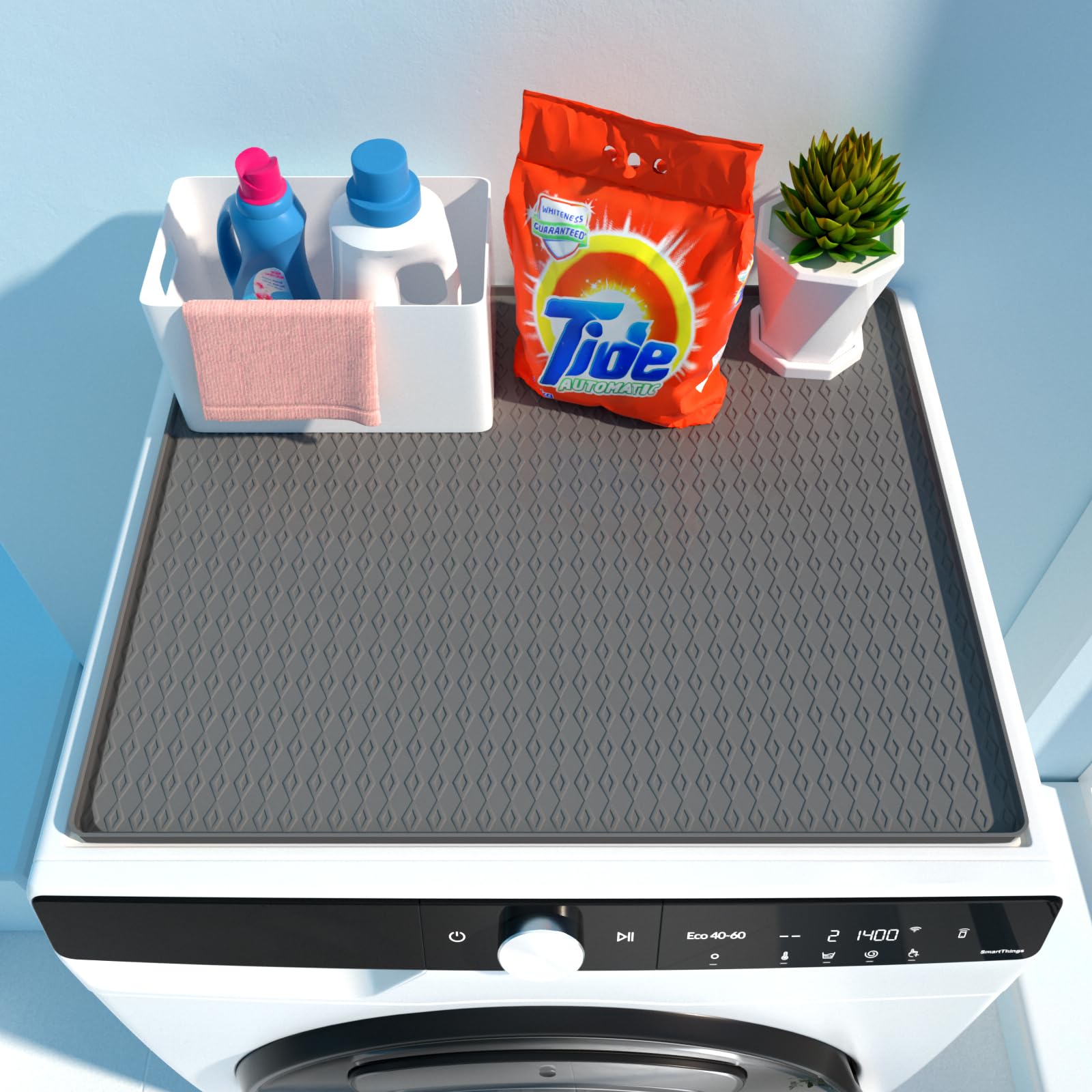 BLESWIN Washer and Dryer Top Cover, 25"x19" Silicone Non-Slip Dryer Top Protector Mat, Waterproof Washing Machine Cover Protector with Raised Lip for Laundry &amp; Kitchen, Gray