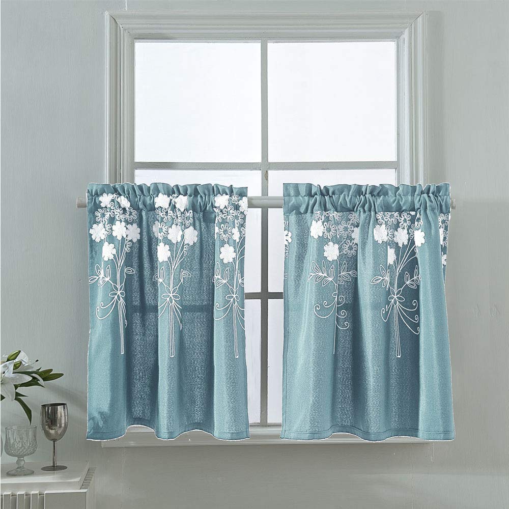 MolaxhomeFloral Kitchen Curtains Valances 29x24in, Embroidered Short Curtain Soft Texture for Cafe Living Room Small Sliding Glass Door Rod Pocket Set of 2 Panels