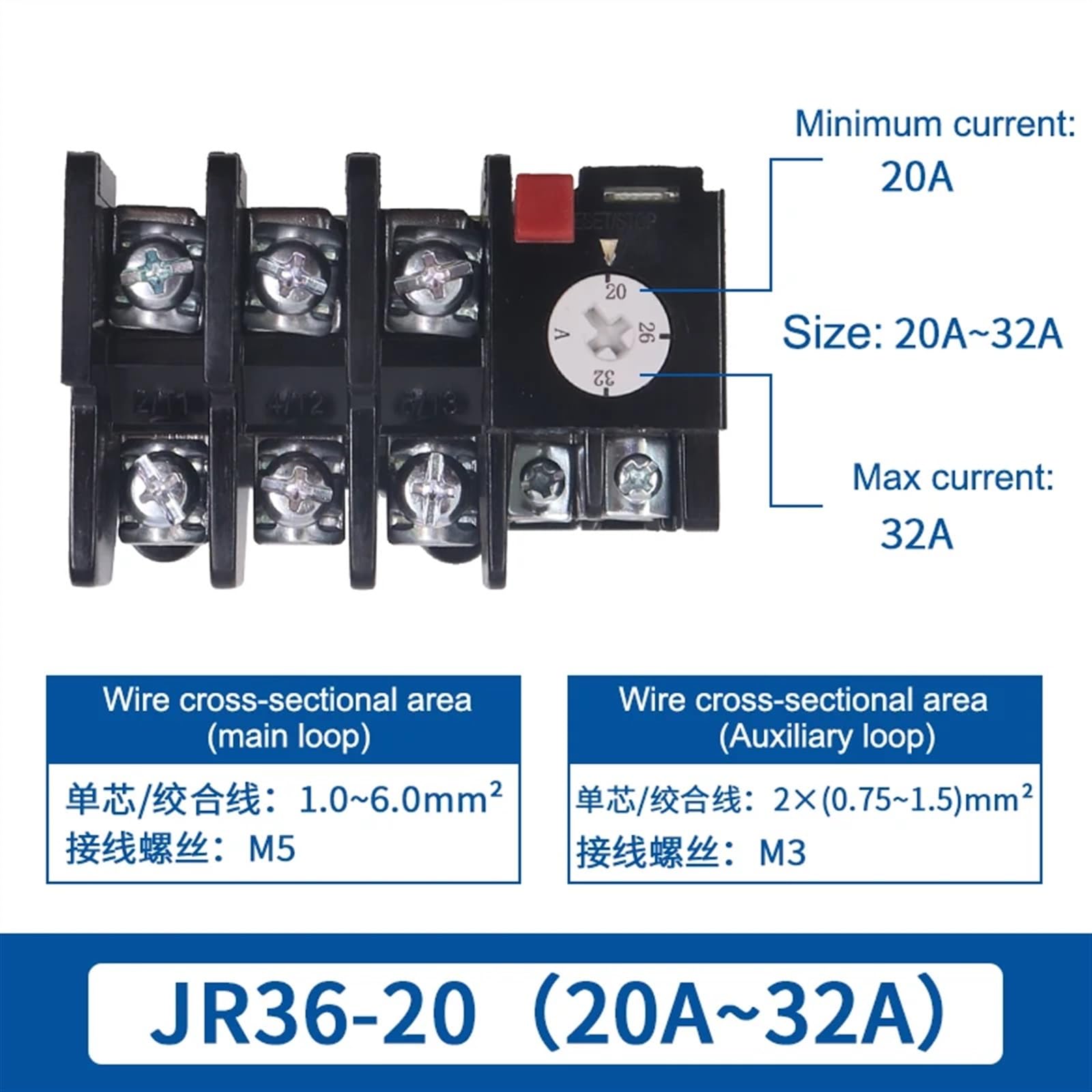 Relé de sobrecarga térmica JR36-20/36/160A 0.32A-160A para contactor AC serie CJX2, protección trifásica 380V (JR36-20 (20A-32A))