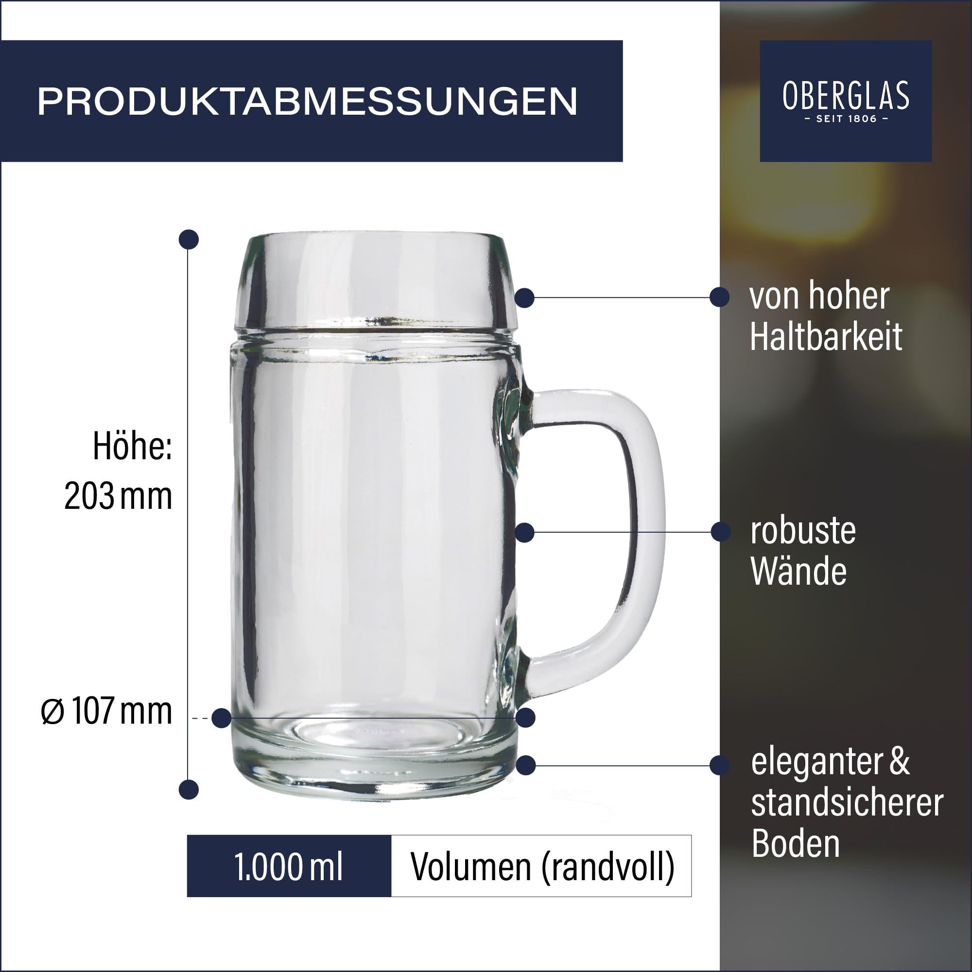 Boccale da birra Stölzle Oberglas Styria/Set di 6 boccali da birra da 1 litro/Robusto boccale da birra/Maßkrug in vetro soda-calce/Lavabile in lavastoviglie