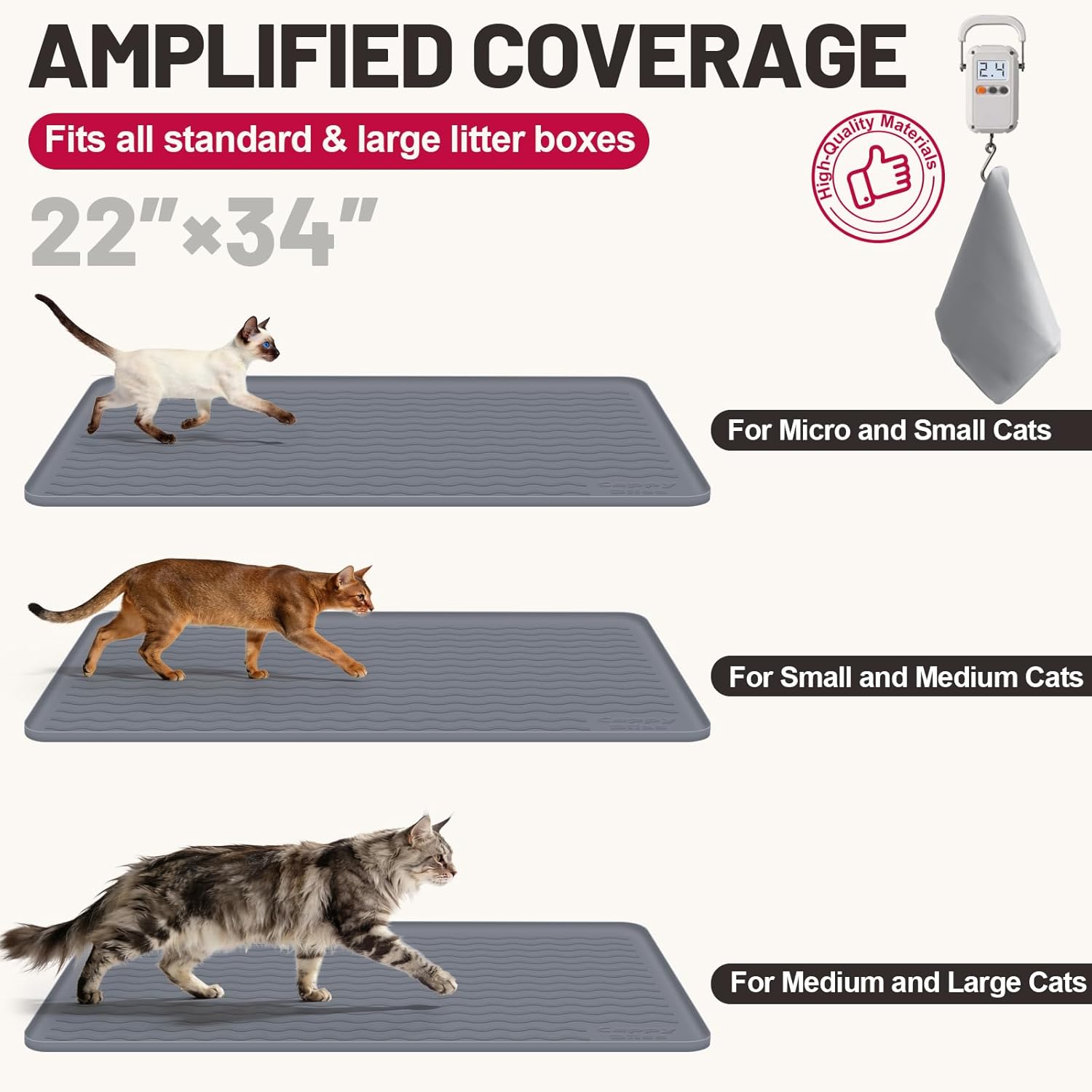 Large Silicone Cat Mat for Litter Box, 34"x22" Waterproof & Urine-Proof Pad with Litter-Trapping Waves, Non-Slip, Easy Clean & Paw-Safe (Gray)