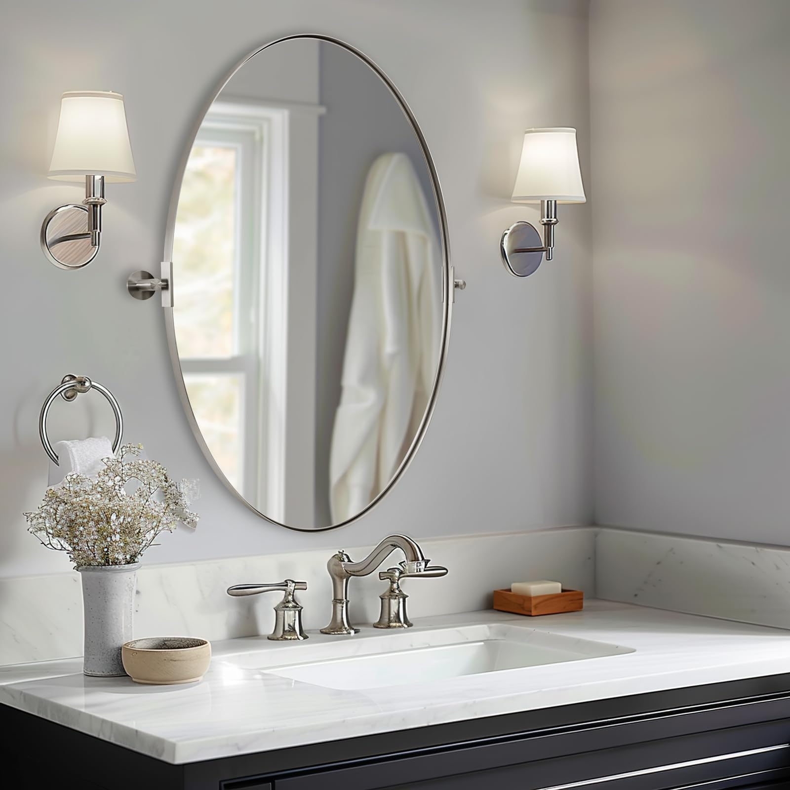 ANDY STAR Brushed Nickel Mirror, Oval Pivot Bathroom Mirror, Brushed Nickel Oval Pivot Mirror Bathroom Stainless Steel Metal Frame Tilting Vanity Wall Mirror Hangs Vertical