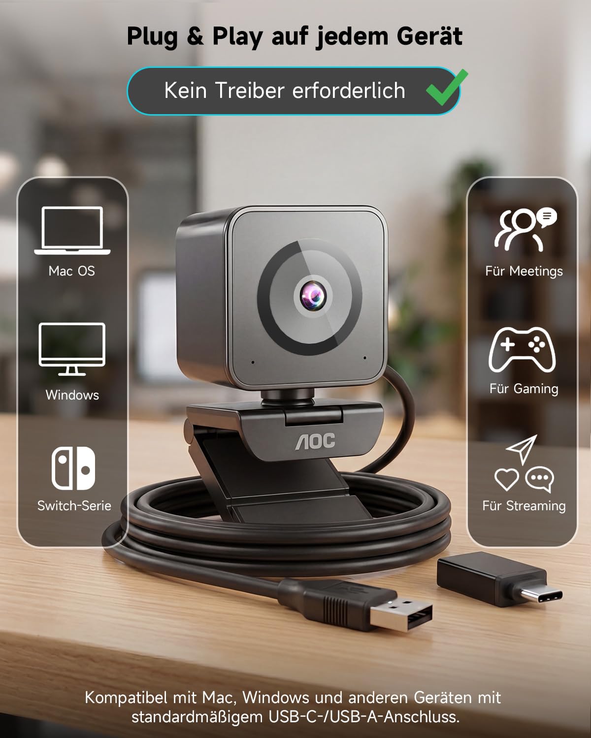 AOC UHD Webcam 4K, Webcam mit Objektivabdeckung & Dual Mikrofon, 75° Streaming Kamera mit Autofokus, Automatische Lichtkorrektur, Plug & Play, PC Kamera für Konferenzen, FaceTime, Linux, Win10, Mac OS