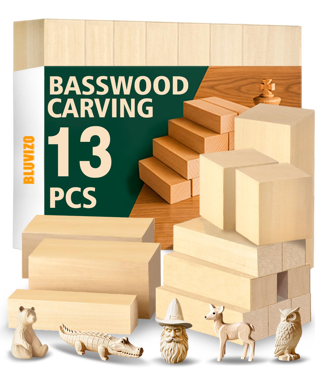 Bluvizo Basswood Woodworking Carving Blocks: 13 Pcs Unfinished Softwood Blocks Kit with Stickers in 3 Different Sizes