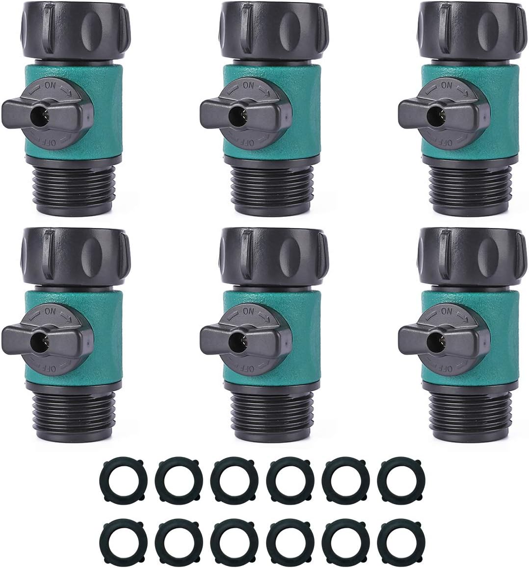 JUSONEY Shut Off Valve, Water Hose Turn Off Valve Garden Hose Connector Set with Rubber Gaskets (12PCS)+Leak-Free Ball Valve (6PCS) Standard 3/4" Thread