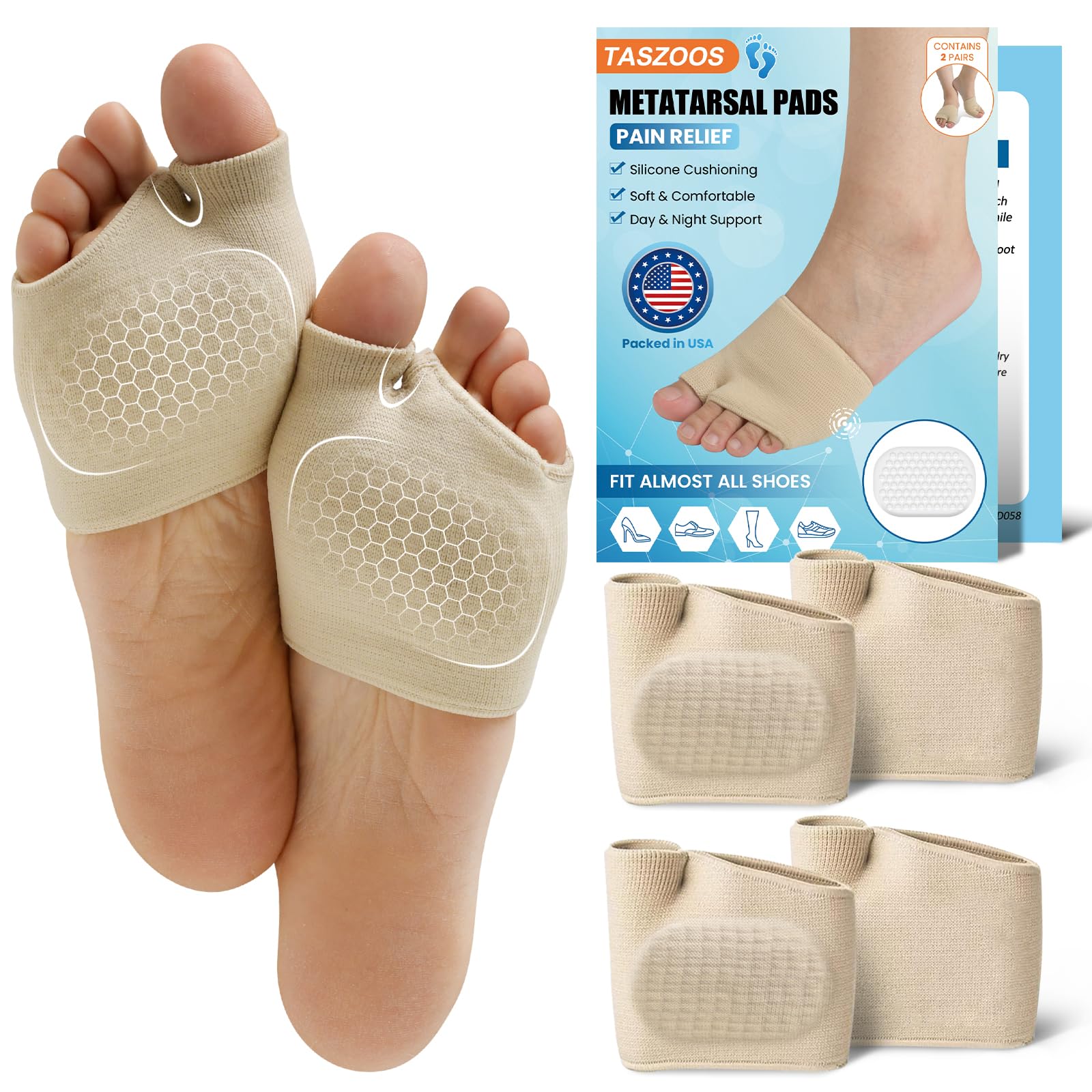 Metatarsal Pads for Women & Men - 1 pair Thicker Ball of Foot Cushions with Gel for Pain Relief, Metatarsalgia, Morton's Neuroma - Foot Pads for Walking, Standing, Running - (Large, Beige)