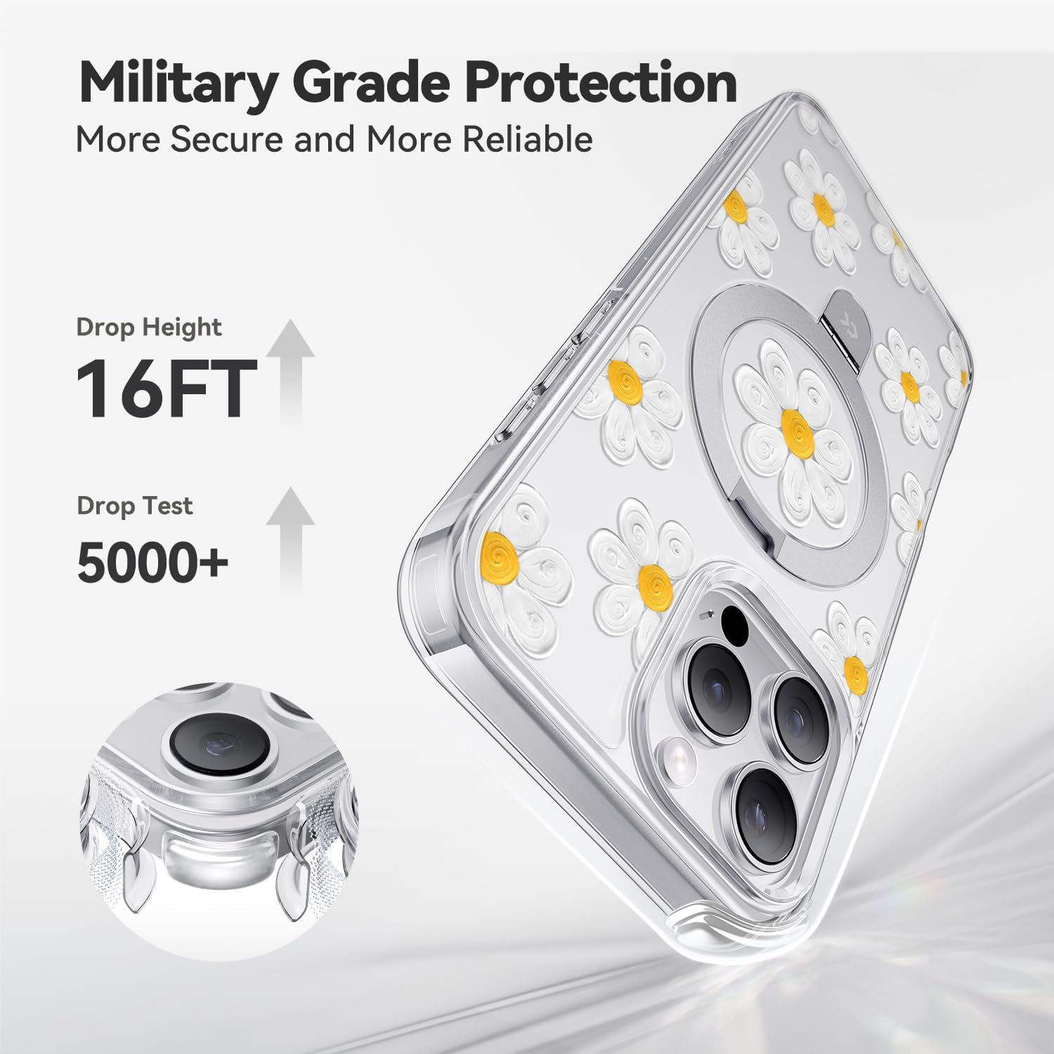 CASEKOO Floral Series Oil Painting Daisy for iPhone 16 Pro Max Case with Magnetic Ring Stand [Compatible with MagSafe] [Military-Grade Protection] Fashion Clear Back, Soft Edge, for Women