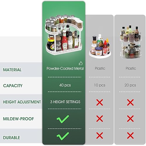 Miniatura 6 de Lazy Susan - Organizador giratorio de especias de 2 niveles antideslizante y 3 ajustes de altura para gabinete, despensa, cocina, encimera,