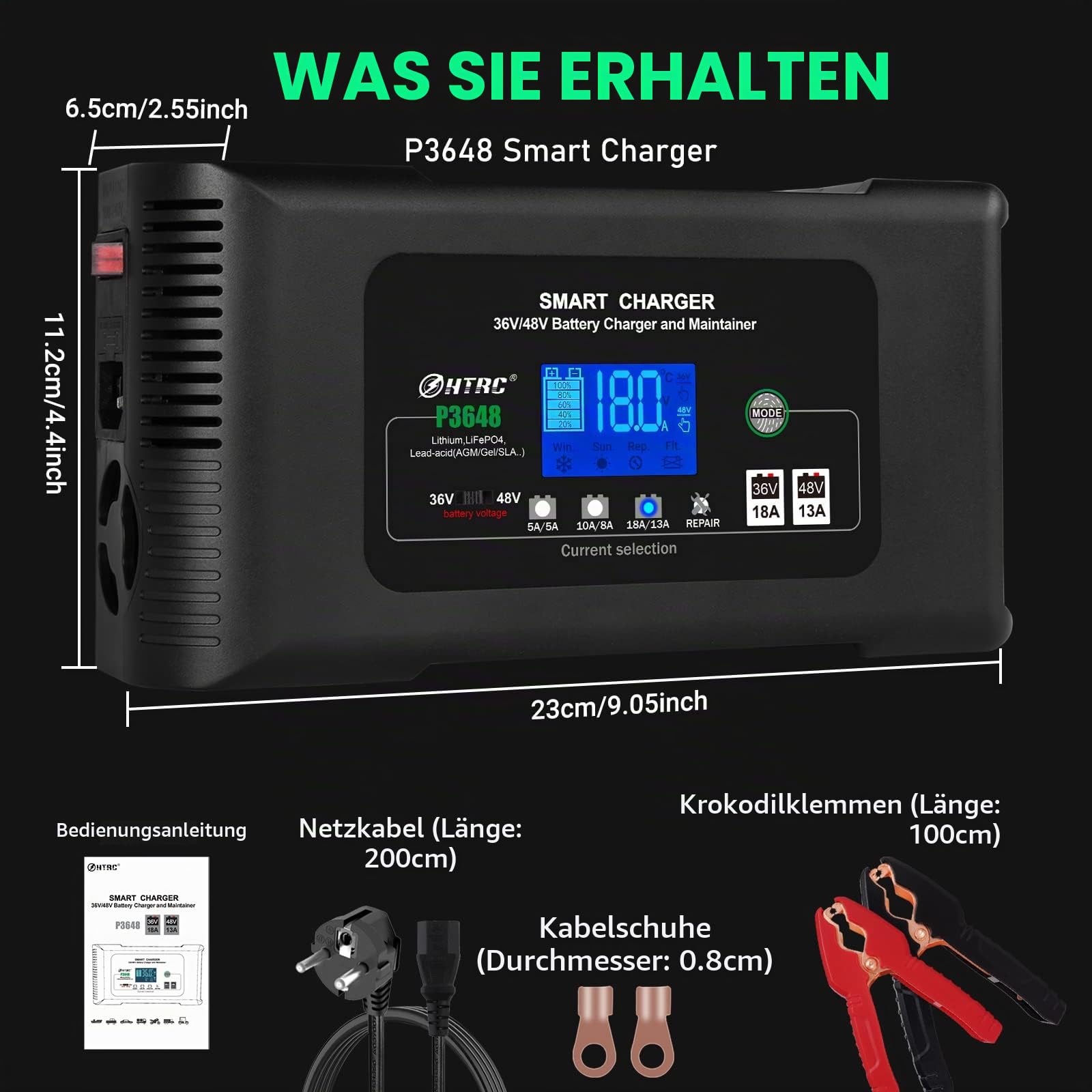 Haisito P3648 Ladegerät Autobatterie 36V 18A/48V 13A, Intelligent Schnell Batterieladegerät KFZ, Erhaltungsladegerät Desulfator für Lithium LiFePO4 Bleisäure AGM Auto Motorrad Golfwagen EZGO TXT