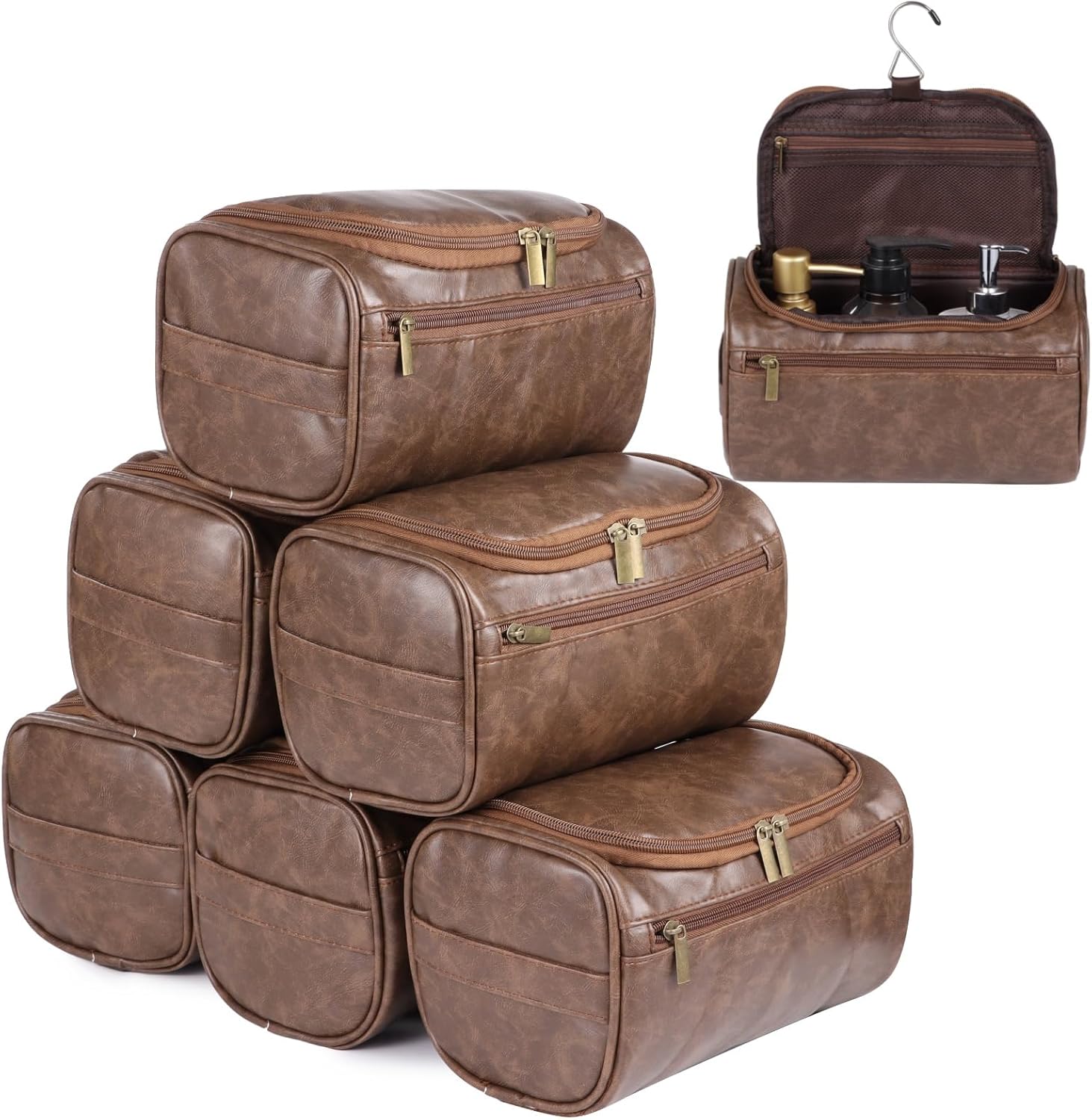 6 PCS Groomsmen Present Toiletry Bags, Brown PU Leather Waterproof Travel Organizer with Zipper Closure, Portable Hanging Toiletry Bag for Wedding Favors Business Trip Travel