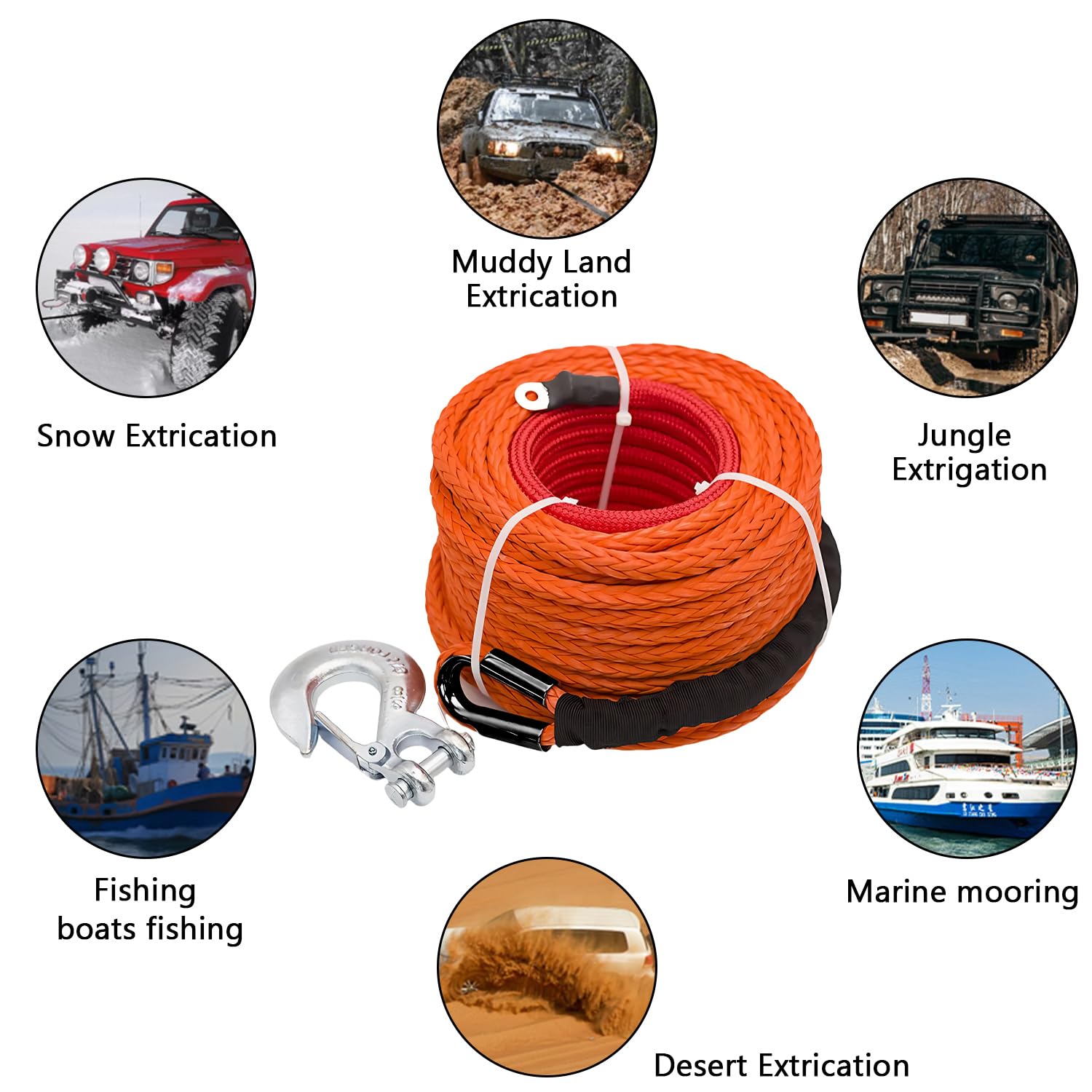 Winch Cable, 8 mm x 15 m Cuerda Cabrestante, Cuerda Sintética 12 Hilos con Funda Protectora y Gancho Metálico, Cuerda Forestal, Fuerza Tracción Máxima 6000 kg, para ATV, UTV, SUV, Todoterreno