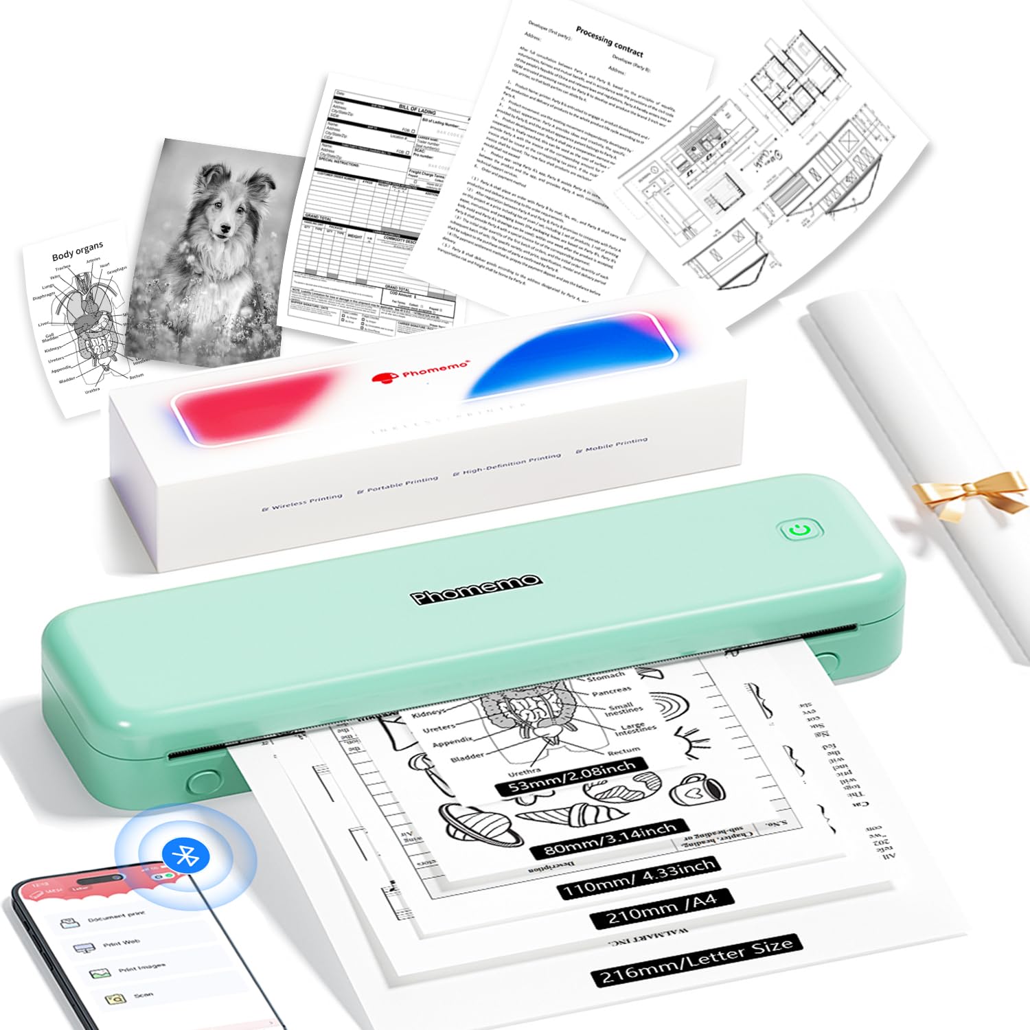 Phomemo M834 Portable A4 Thermal Printer, Compatible with Phone & Laptop, Bluetooth Mobile Printer for Home & Office, Inkless, 300dpi