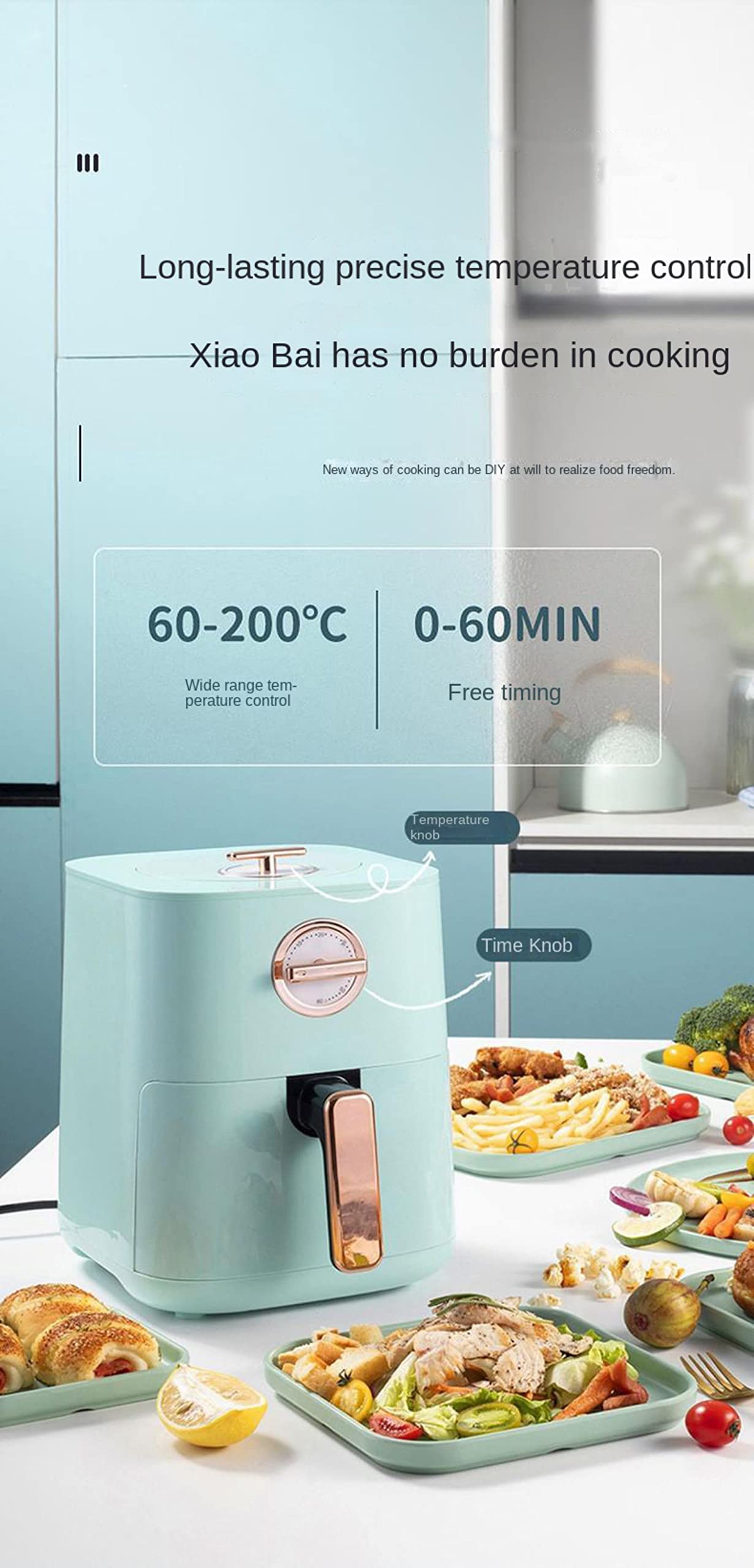 Frytownice powietrzne 5 l Kompaktowe frytkownice powietrzne 1200 W Piekarnik zapobiegający przywieraniu z szybkim obiegiem powietrza Ustawienie maks. 200 ℃ Bezolejowa frytownica Niski poziom hałasu,