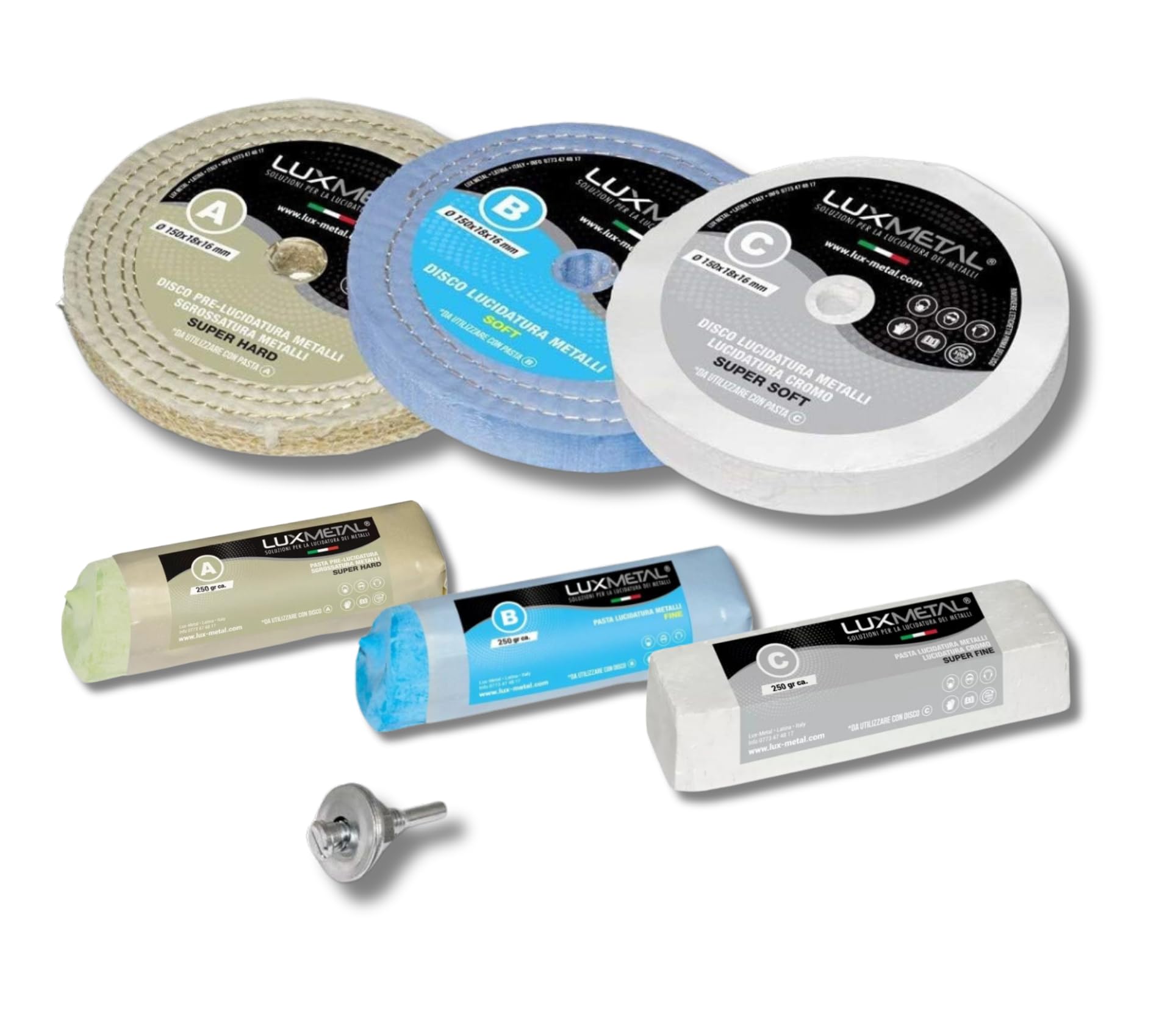 Lux Metal - Kit de pulido 02 con 3 discos de pulido de 150 mm y 3 pastas de pulido de 250 g - Ideal para pulir aluminio, acero inoxidable, latón, cobre, bronce, hierro, plata, oro, madera, plástico