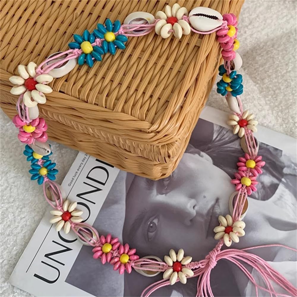Boho Flower Waist Chain Body Chains Pink Woven Rope Belt with Tassel Colorful Daisy Floral Beads Shell Adjustable Belly Belt Body Chain Jewelry for Women - Image 5