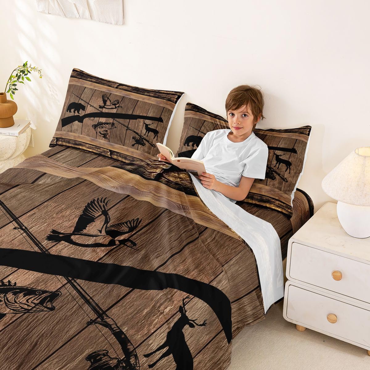 Homewish Wędka myśliwska zestaw pościeli podwójna ryba kaczka jeleń niedźwiedź rustykalne prześcieradła jezioro kabina zestaw prześcieradeł - Vintage Camo Country dopasowane górne prześcieradła 4