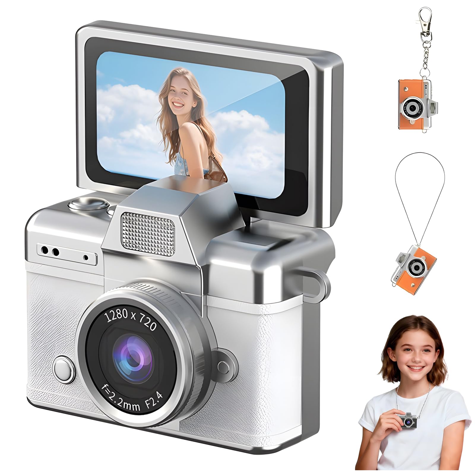 Mini Digital Camera with 1.47 in LCD Screen, 1080P Flip Screen Ultra-Compact Tiny Camera, Mini Keychain Camera, for Kids &amp; Adults, Collectible Gift for Travel, Birthdays &amp; Stocking Stuffers (White)