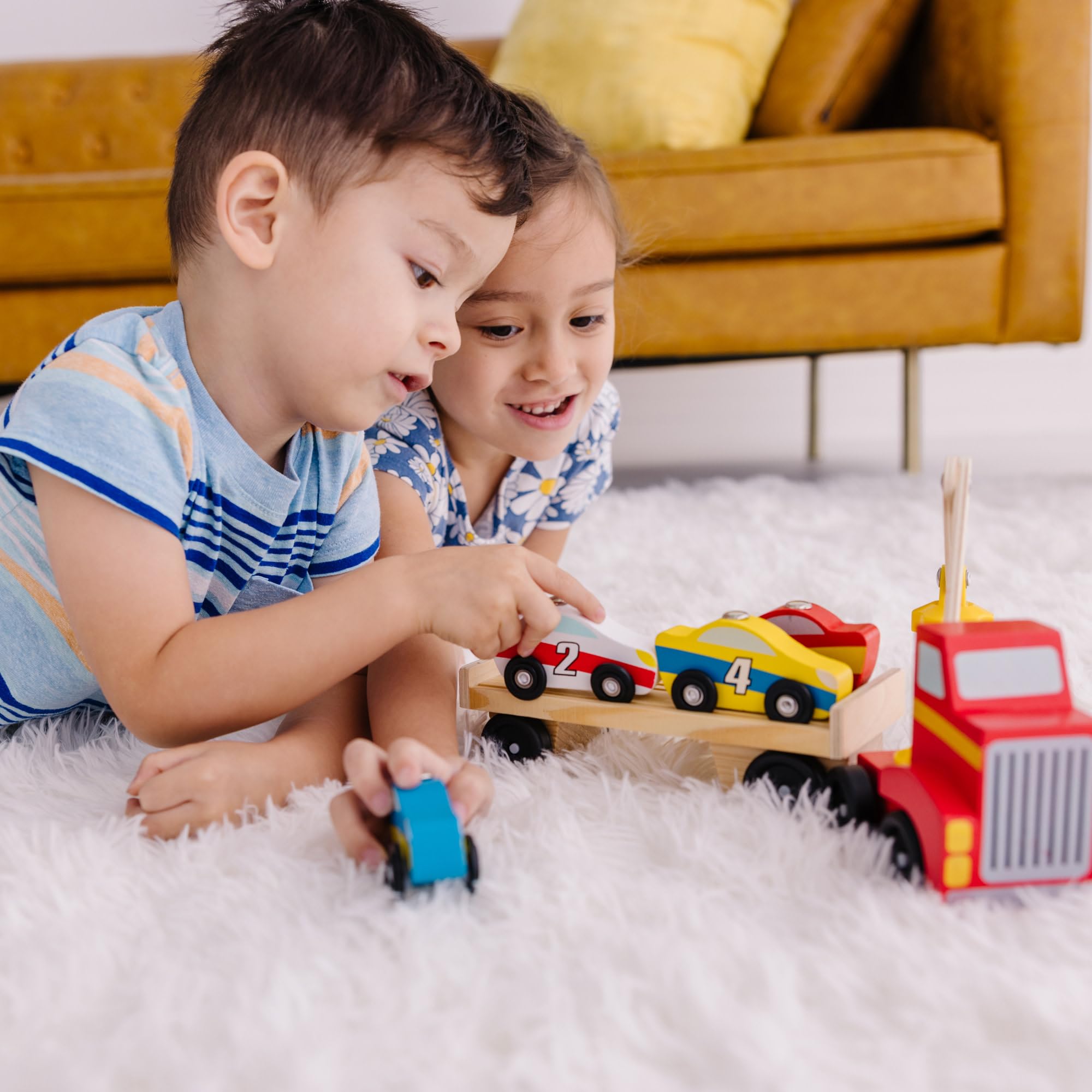 MELISSA & DOUG - Set Camión Grúa Magnético de Madera y 4 Coches de Juguete - Juguetes Educativos - Juguetes Niños 3 años + - Regalo Niño 3 años + - Montessori