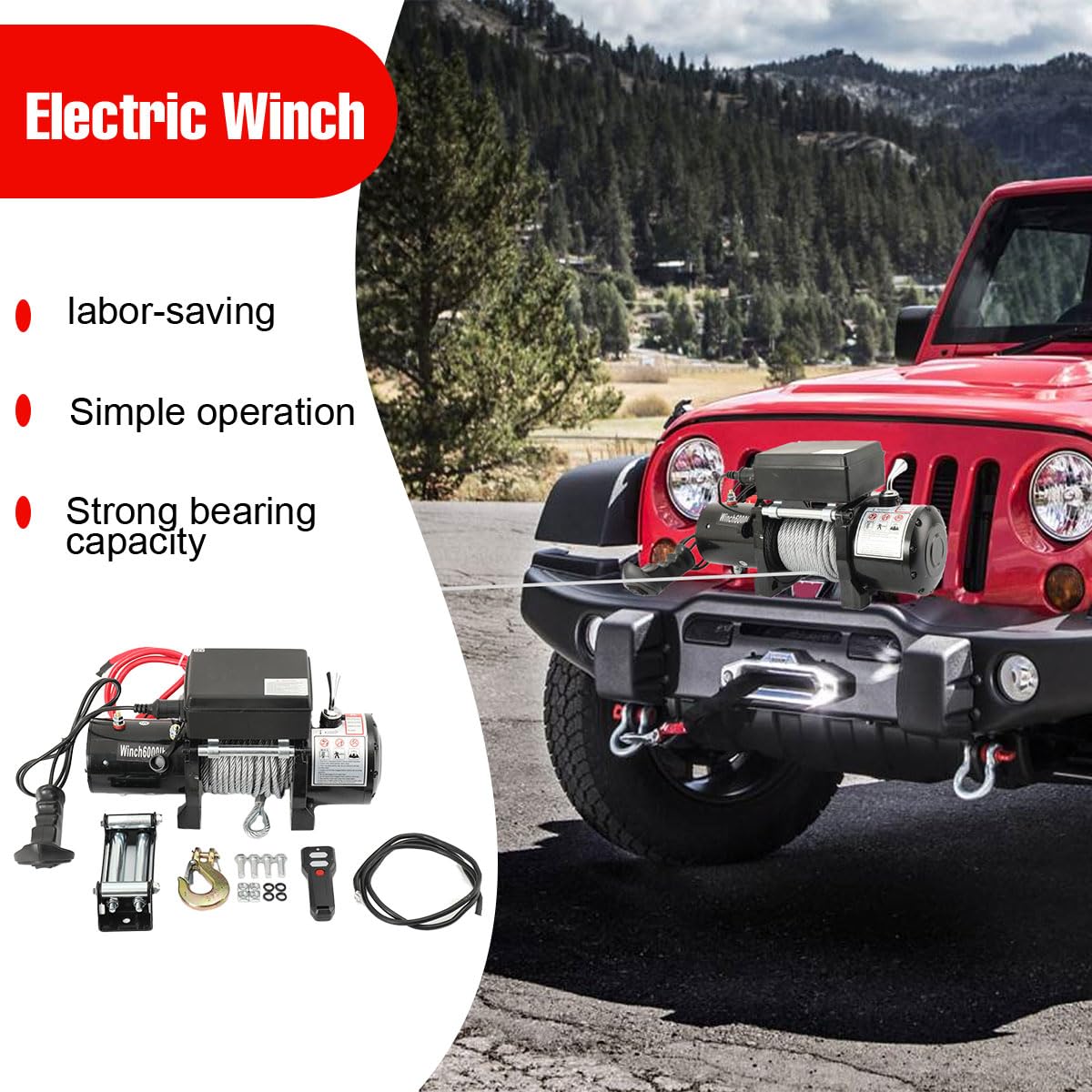 Elektrische Seilwinde 12V 6000 lbs / 2722 kg, mit Synthetikseil & Funkfernbedienung, Offroad Motorwinde Seilzug Elektrowinde, IP67 wasserdicht für LKW, SUV, ATV, UTV, Anhänger