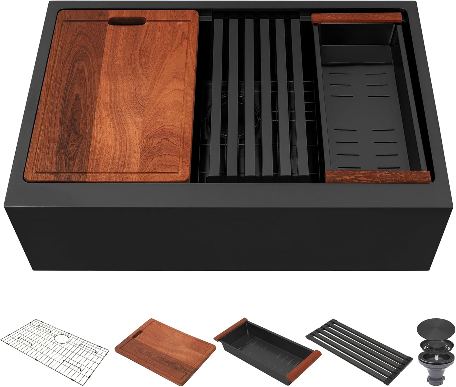 33-Inch Farmhouse Kitchen Sink, 16 Gauge Stainless Steel Farm Sink, Undermount Single Bowl, Brushed Finish, Deep Basin, Workstation Design with Accessories (Black, 33" x 22" x 10")