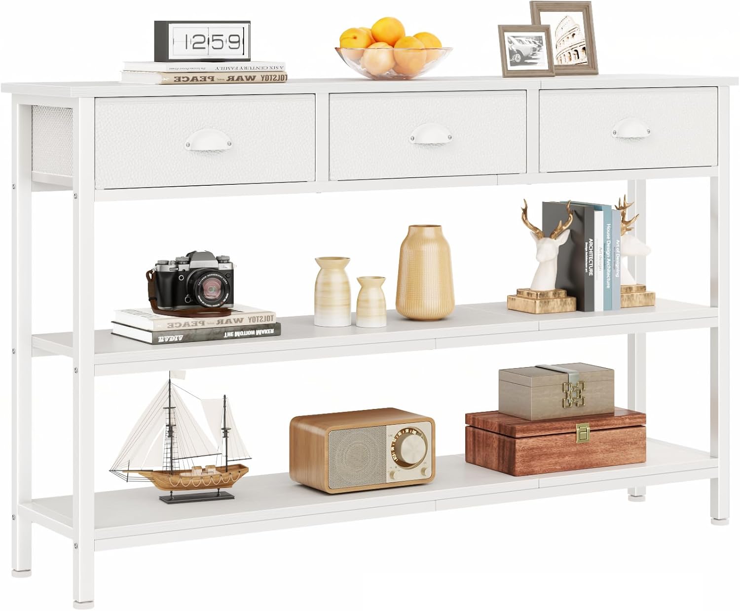 Furologee White Long 47" Console Sofa Table with 3 Drawers, Entryway Table with 3-Tier Storage Shelves, Display Shelf for Entry Way, Hallway, Couch, Living Room, Kitchen, Foyer
