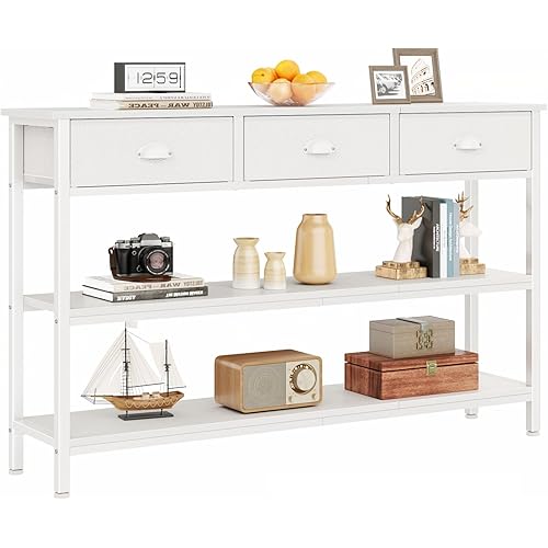 Furologee White Long 47" Console Sofa Table with 3 Drawers, Entryway Table with 3-Tier Storage Shelves, Display Shelf for Entry Way, Hallway, Couch, Living Room, Kitchen, Foyer