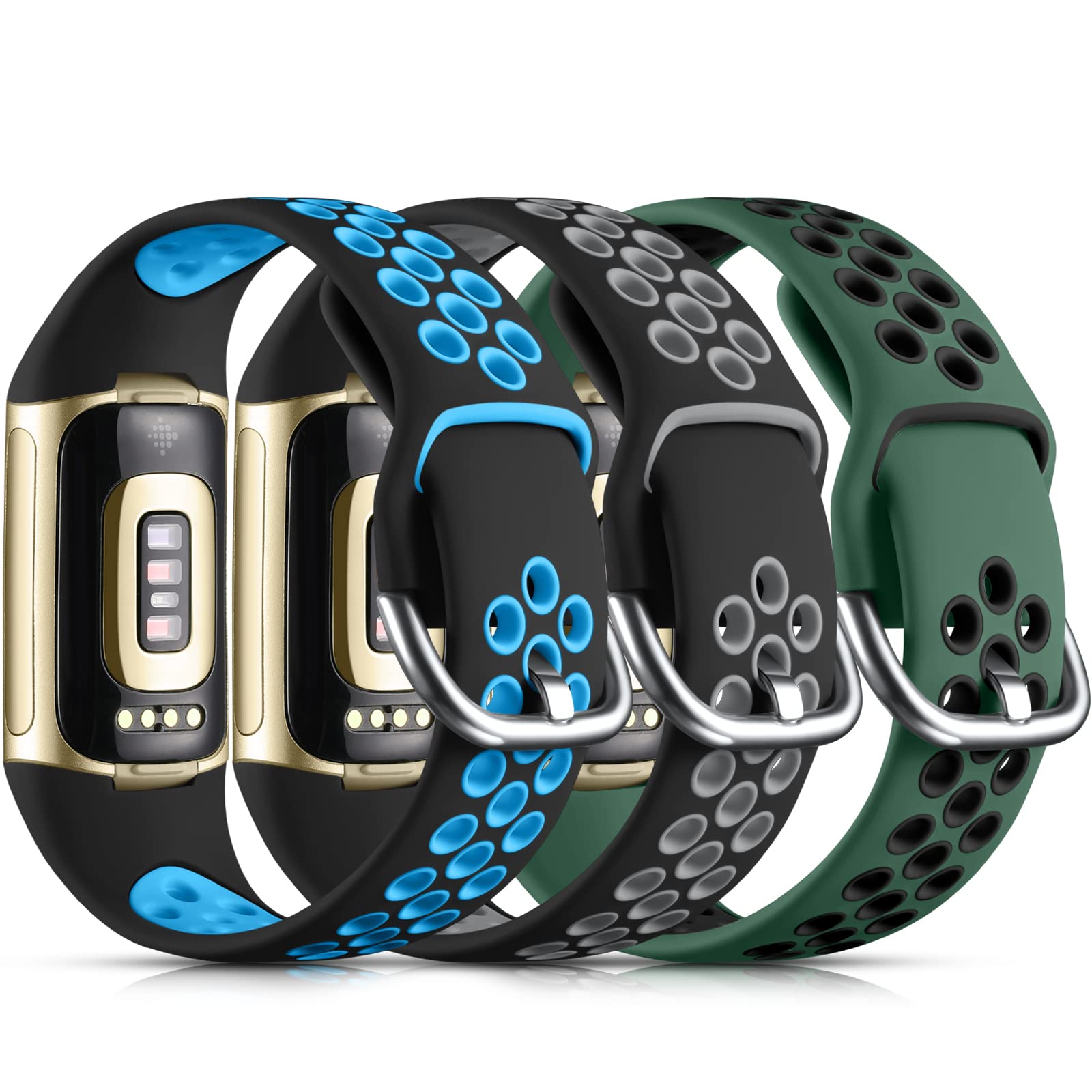 Maledan Stylish Bands Compatible with Fitbit Charge 5 Women Men, 3 Pack Air Holes Breathable Sport Wristbands Soft Silicone Strap Replacement Band for Fitbit Charge 5 Fitness Tracker, Small Large-image-1