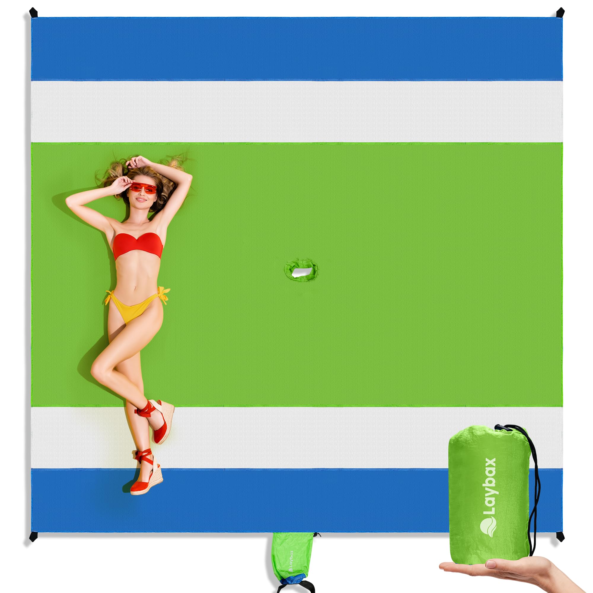 Grüne, wasserfeste, sanddichte Stranddecke mit Schirmloch, 3 x 2,7 m, Strandmatte, kompakt und leicht, Packsack, 4 Heringe, Sandtaschen, funktioniert mit Stranddächern, Regenschirmen,