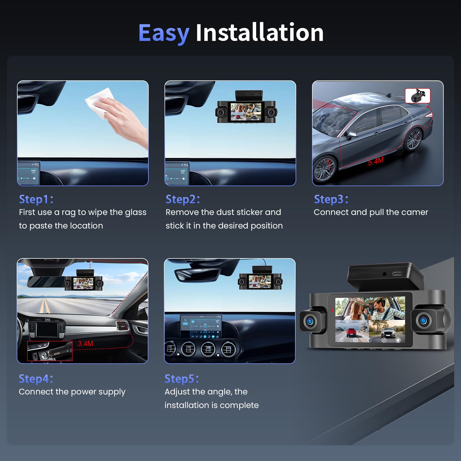 Hikity Dashcam de Bord 4 canaux, Dashcam Voiture de Bord WiFi 2K à l'avant et 1080P à l'arrière à l'intérieur de la Gauche à Droite, Voiture avec Carte de 64G - Wi-FI, Capteur G
