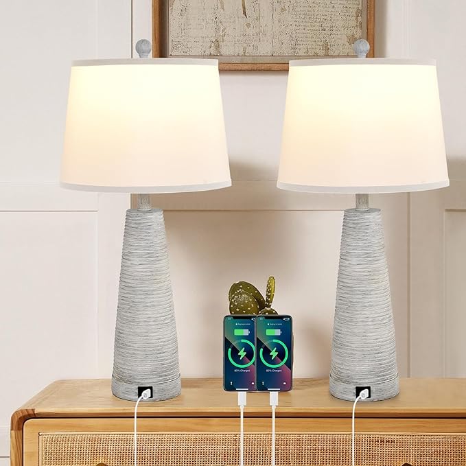 Terpsichore Nightstand Lamp Bedside Lamps Set of 2 Vintage Rustic Farmhouse Table Lamp 3 Way Dimmable Horizontal Stripe Light,Suitable for Living Room Bedroom,with Linen Shade LED Bulb,USB A+C Port - Navy Blue