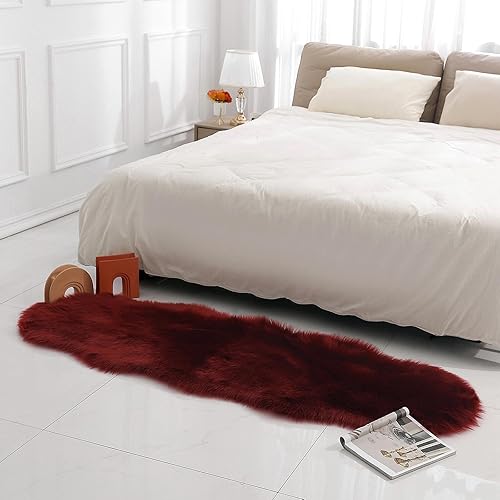 Miniatura 3 de Alfombra de piel sintética de oveja, esponjosa, roja, de 2 x 6 pies, para dormitorio, mesita de noche, suelo, sala de estar, alfombra acolchada de