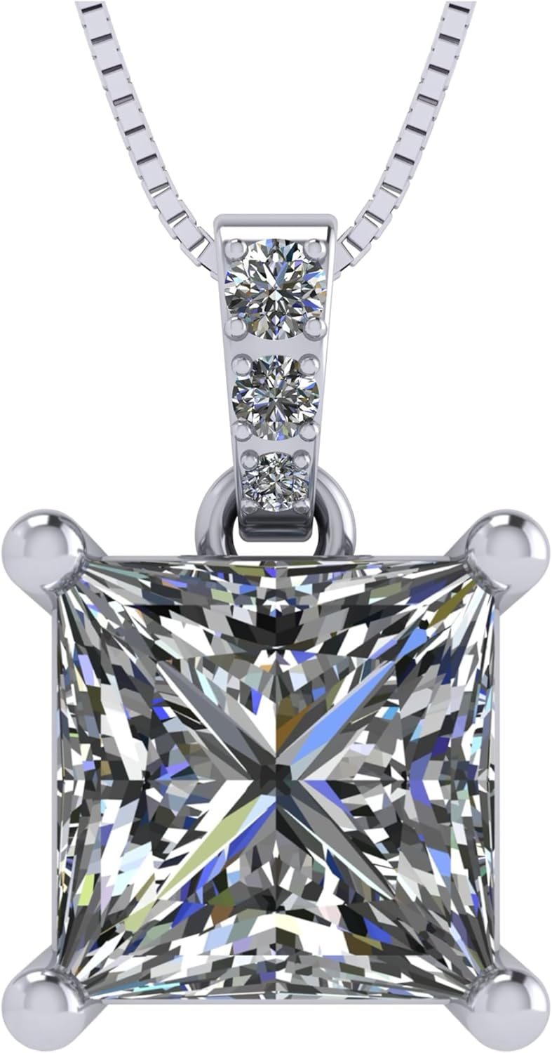 Princess Cut Solitaire Necklace, 4 Prong Sterling Silver w/Pure Brilliance Zirconia, 6.0mm, 7.0mm & 8.0mm