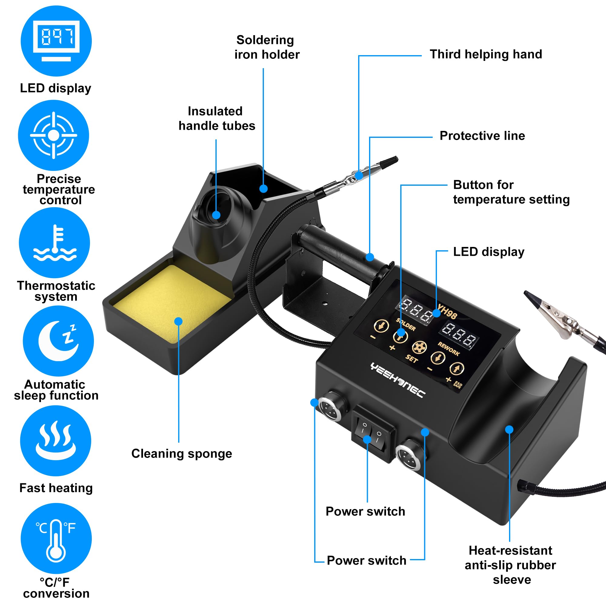 600W Station de Soudage 2 en 1, Fer a Souder + Pistolet Thermique, Affichage LED, Température Réglable 100-500°C, Conversion °C/°F, Étalonnage de la Température et Fonction Sleep