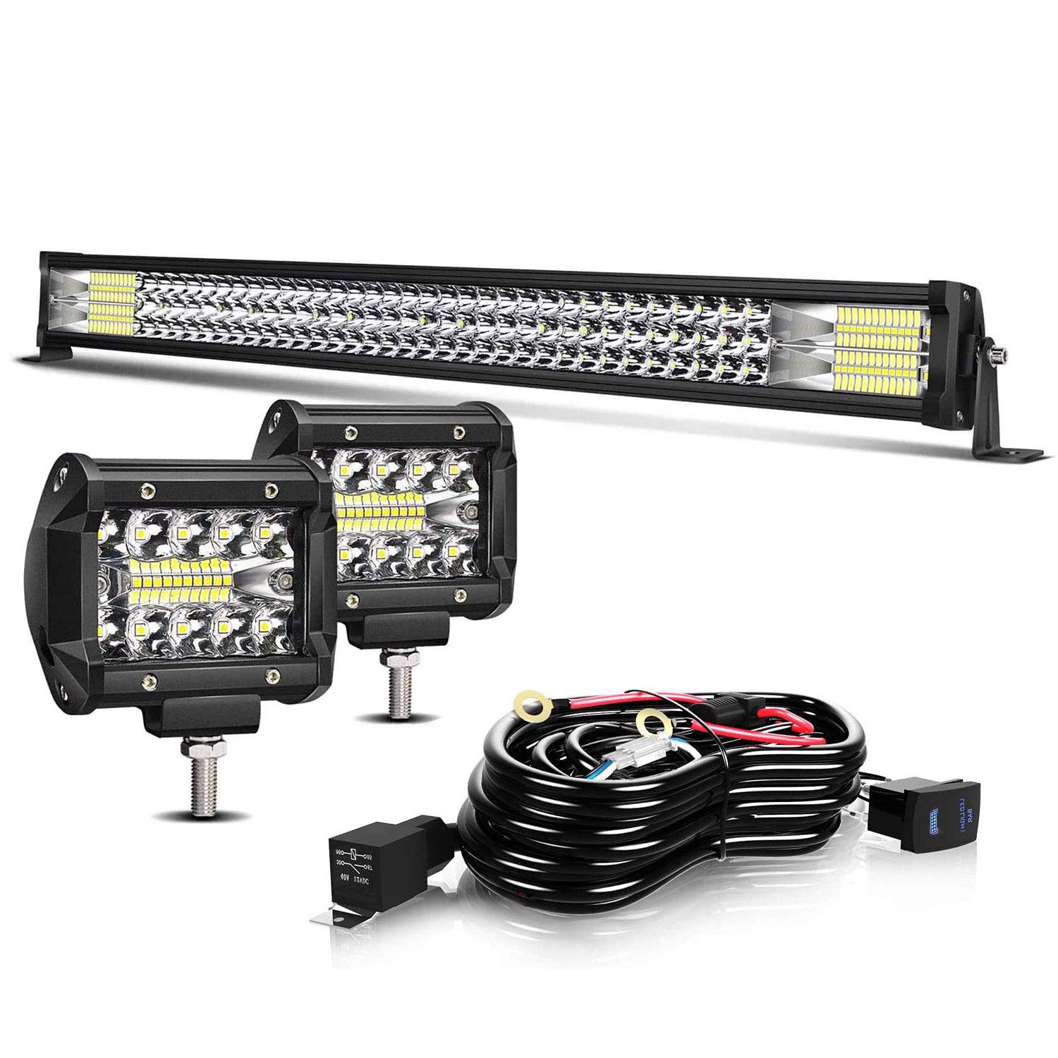 LED Light Bar 32 Inch 405W Triple Row Spot Flood Combo Offroad Light 2Pcs 4 Inch 60W Led Cube Pod Lights for Trucks Trailer ATV UTV Polaris RZR SUV Boats w/3-Leads Wiring Kits