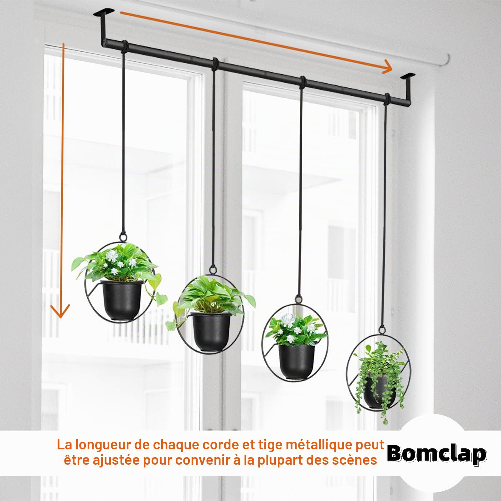Bomclap Lot de 4 pots de fleurs suspendus ronds avec pot de fleurs en mélamine pour intérieur, extérieur, jardin, balcon, pots de fleurs suspendus pour plantes murales et plafonds, noir