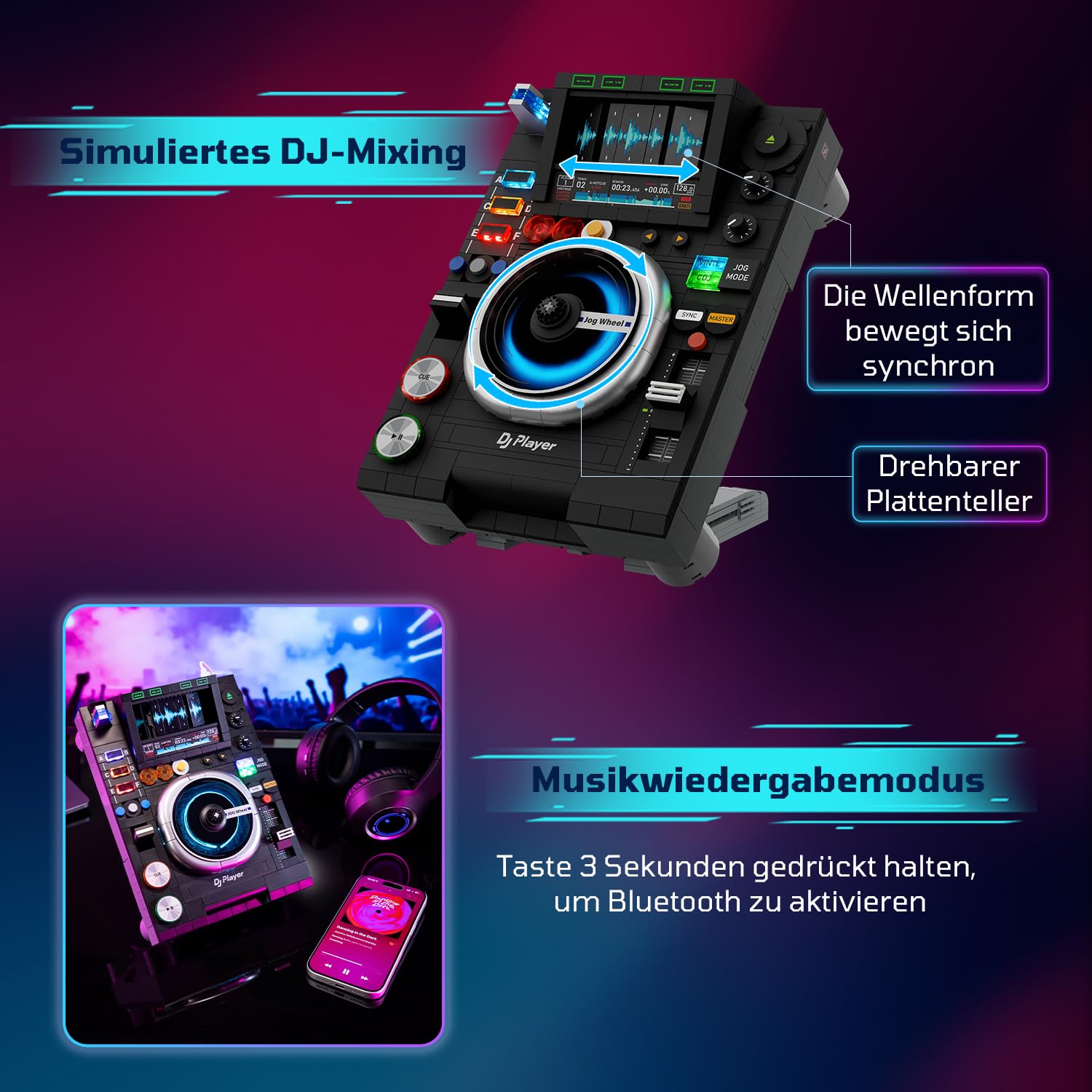 PANTASY DJ Plattenspieler Klemmbausteine Set, Vintage DJ Deck Baustein Modell zum Bauen, Retro Musikstudio Display mit Verstellbarem Ständer, Kreativer Sammler Bausatz für Erwachsene