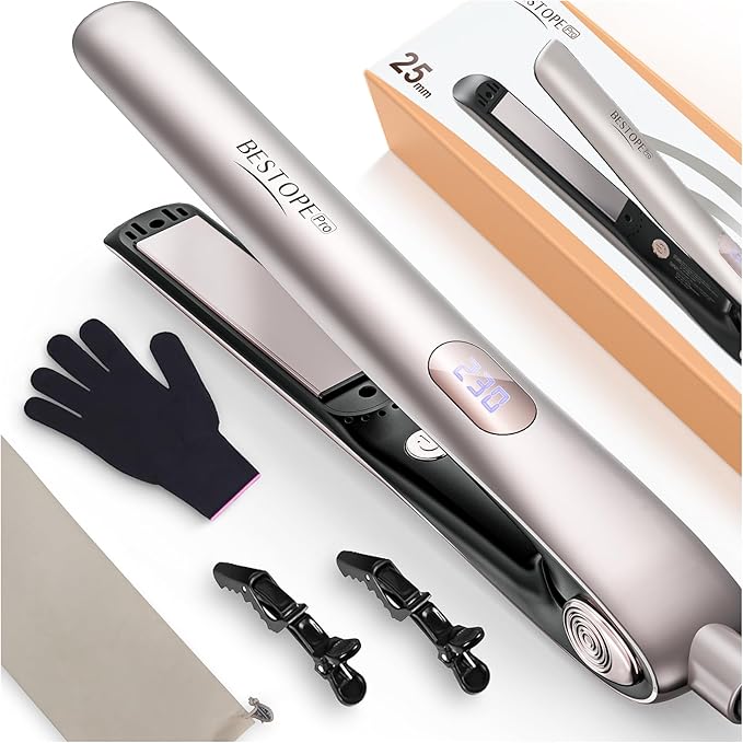 BESTOPE PRO Plancha de Pelo Profesional, Iones Negativos Cerámica Anti-estática, Placas Flotantes Extralargas, Pantalla LCD, 5 Niveles Temperatura Ajustable (120-230°C), Champán Dorado