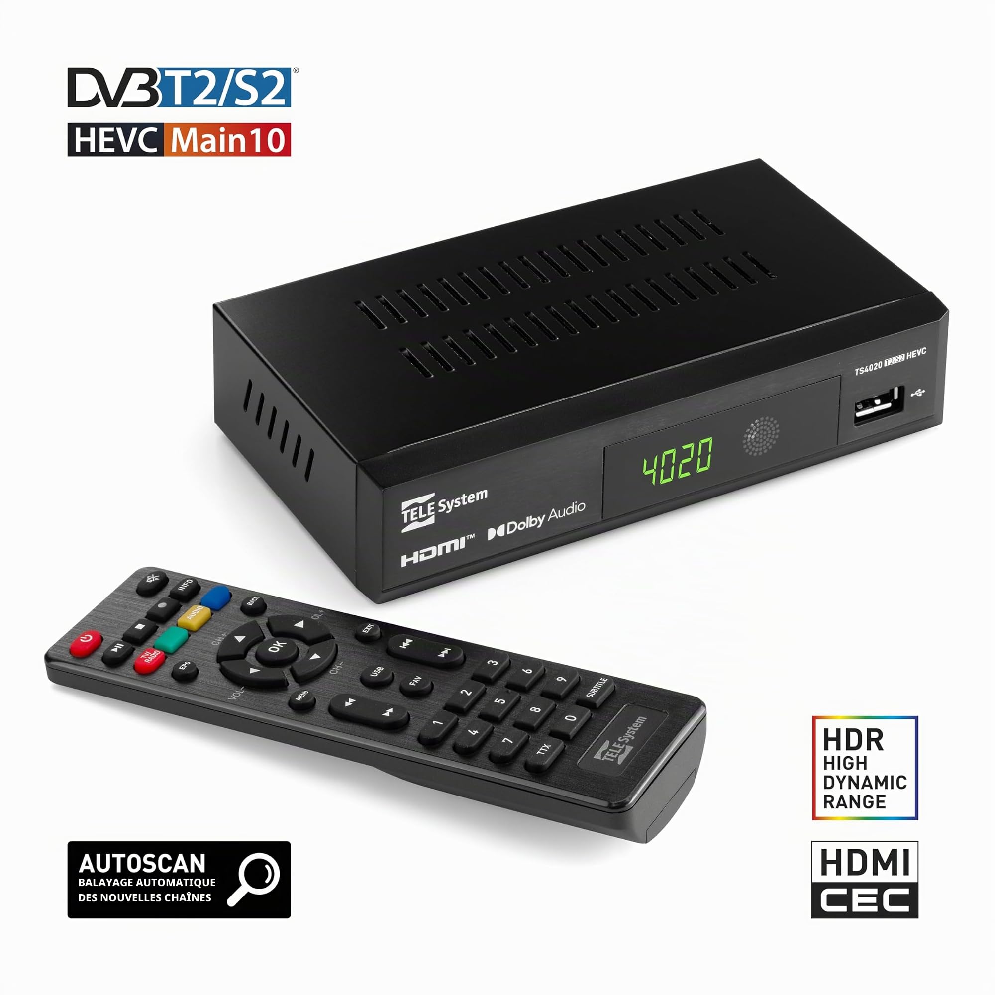 Tele System Decoder TS4020 avec Double Tuner DVB-T/T2 et DVB-S/S2 HEVC HD HDR10 HLG. Accédez à la télévision et à la Radio sans air, terrestres et Satellite. Lecteur multimédia USB pour Musique,