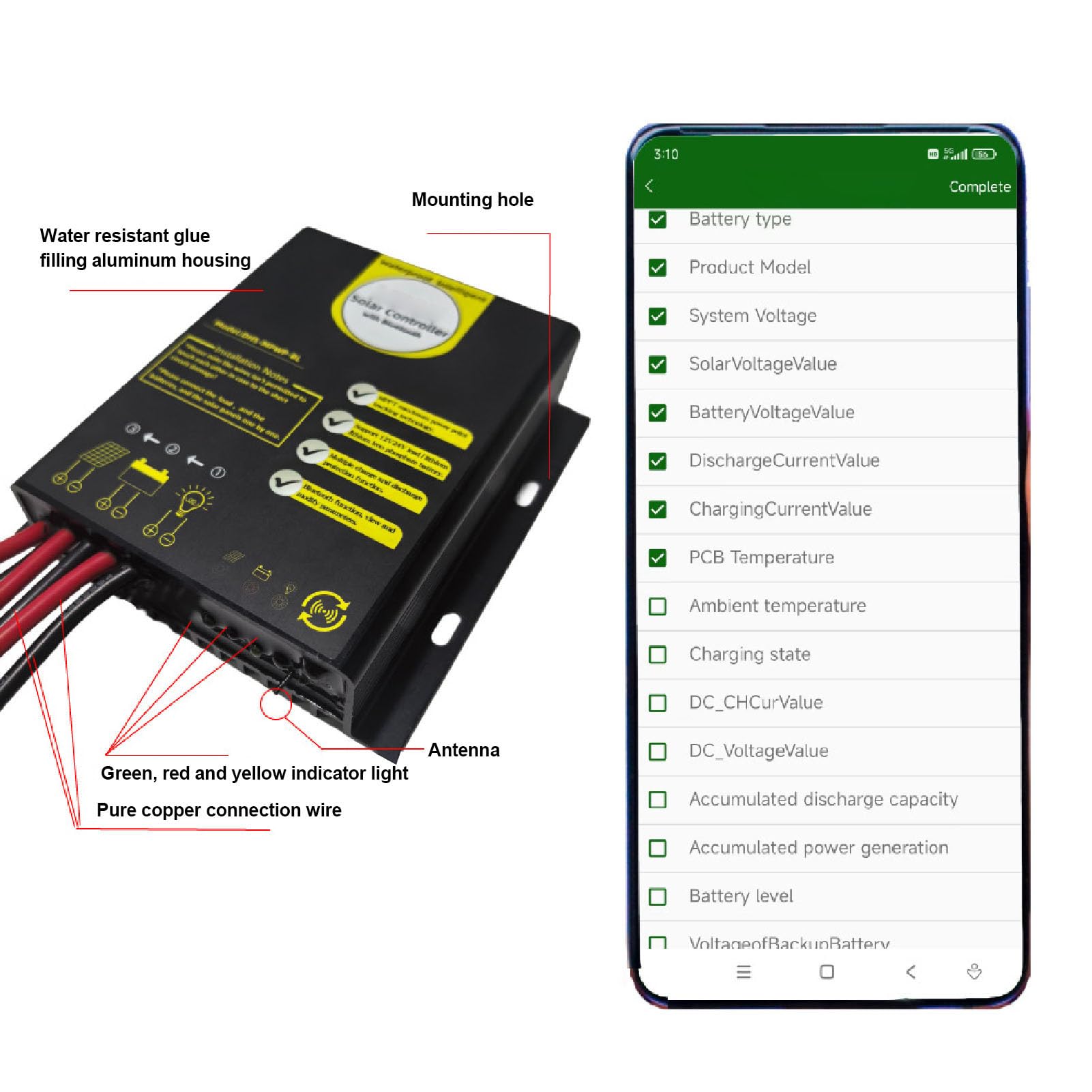 Controlador de Carga Solar MPPT, Regulador de Panel Solar Bluetooth de 12 V 24 V 20 A con Monitoreo en Tiempo Real de Aplicación, para Universal de Batería de Litio, Ideal para Energía