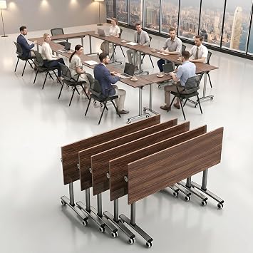 6 Pack Folding Conference Table,Mobile Foldable Training Table with Wheels,Commercial Modern Folding Office Desk for Office Classroom Seminar Conference Room Meeting Library Walnut, 47x16x30
