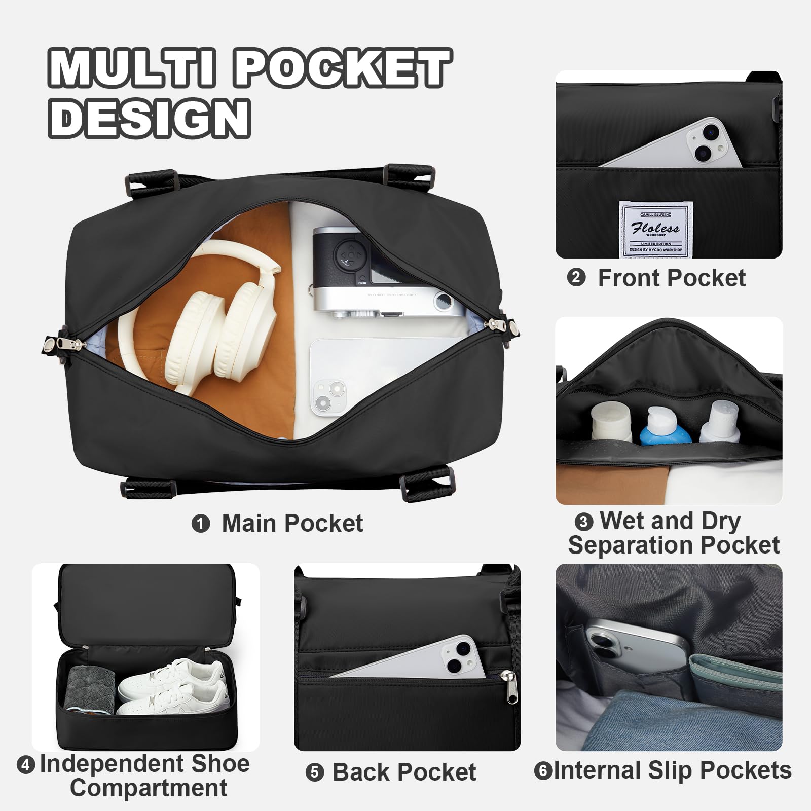 WEPLAN Borsone da Viaggio Donna 40x20x25 Ryanair Borsa da Viaggio Aereo Bagaglio a Mano Borsone Palestra Donna Weekend Ospedale Borsa Sportiva Piscina con Scomparto per le Scarpe,Nero