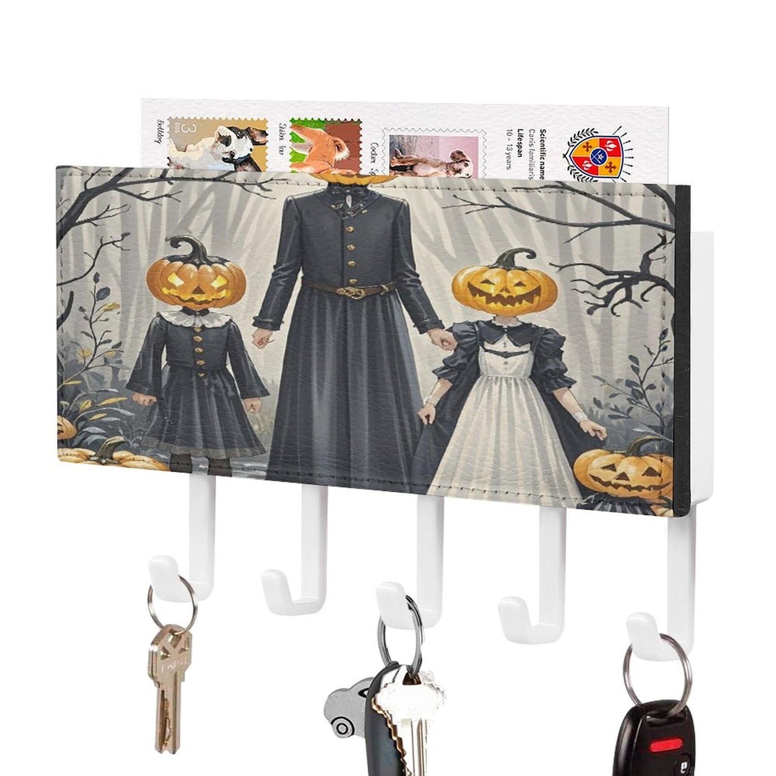 FekiLoot Pumpkin Head Family Key Holder for Wall Decorative Mail Organizer with 5 Key Hook Self Adhesive Key Rack with Tray Coat Rack Wall Mount Key Hanger Decor for Entryway Door