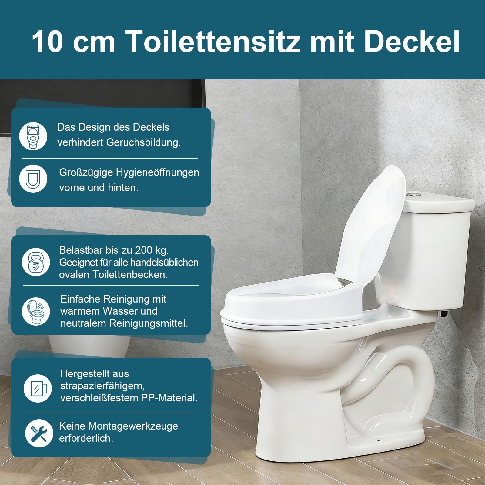 Rialzo per WC con coperchio, 10 cm, sedile WC rialzato, comodo per anziani, carico 200 kg, bianco