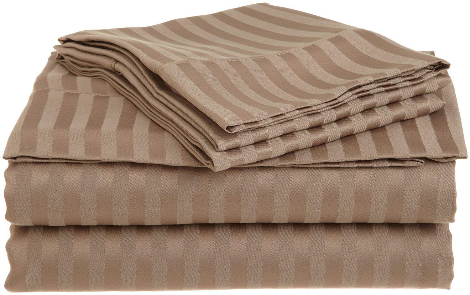 TheSignature 800-Thread-Count 100% Egyptian Cotton Bed Sheets, 5-Pc Split King Taupe Stripe Sheet Set, Single Ply Long-Staple Yarns, Sateen Weave, Fits Mattress Upto 28'' Deep Pocket
